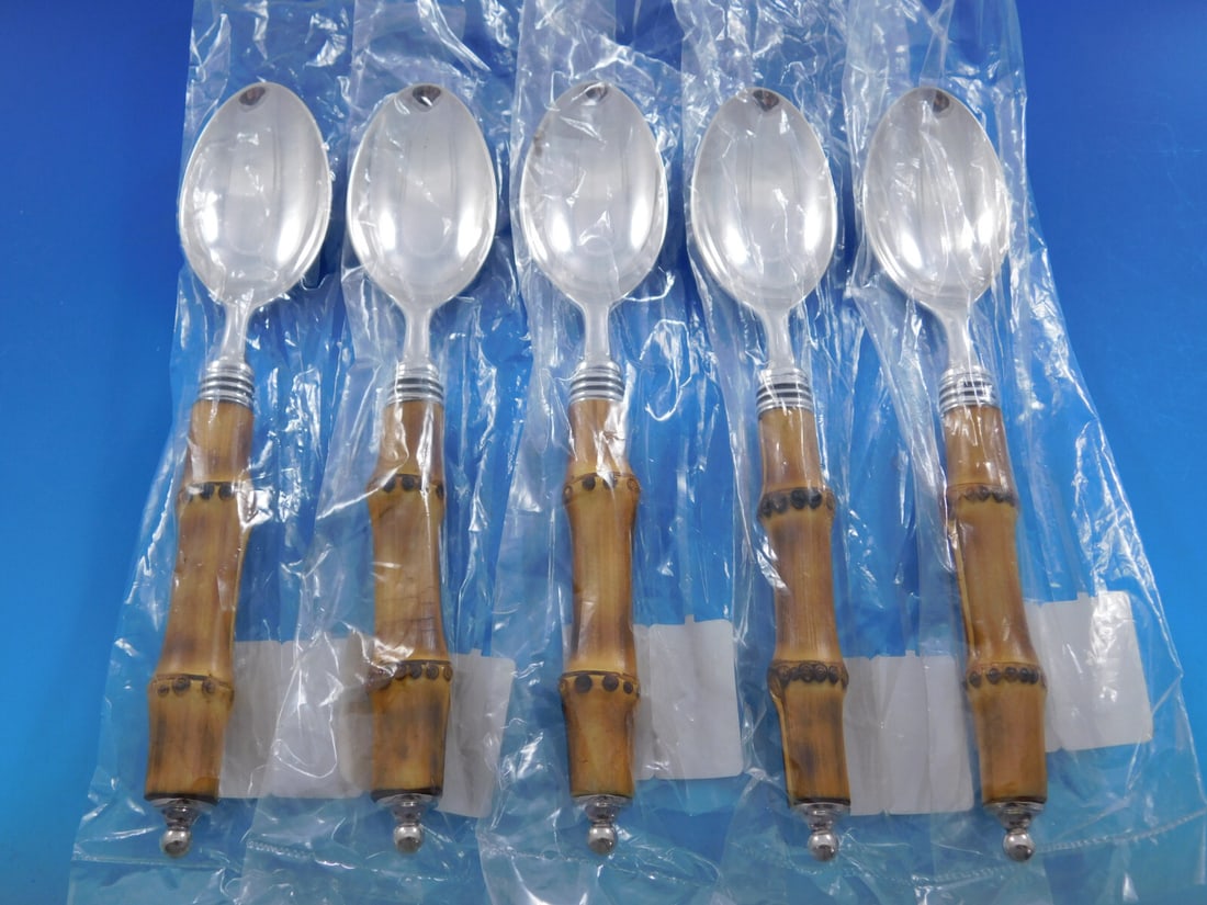 Buccellati Tahiti Sterling Silver Dessert Spoon Set of 5 Bamboo 7 3/8 inches: Buccellati Tahiti Sterling Silver Dessert Spoon Set of 5 Bamboo 7 3/8 inches This exquisite set of 5 dessert spoons from Buccellati features the elegant Tahiti pattern, designed in the 1960s by Gianma