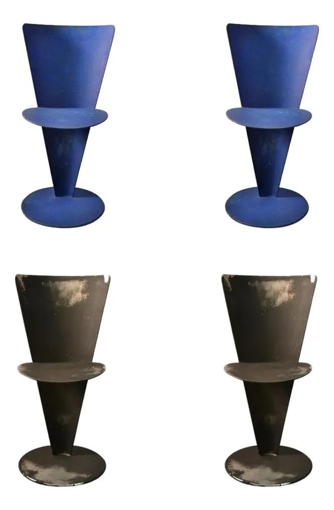 Vintage Set of 4 Mid-Century French Aluminum Side Chairs: Vintage Set of 4 Mid-Century French Aluminum Side Chairs This set of four mid-20th century side chairs features a modernist design crafted from durable cast aluminum. The set includes two chairs paint