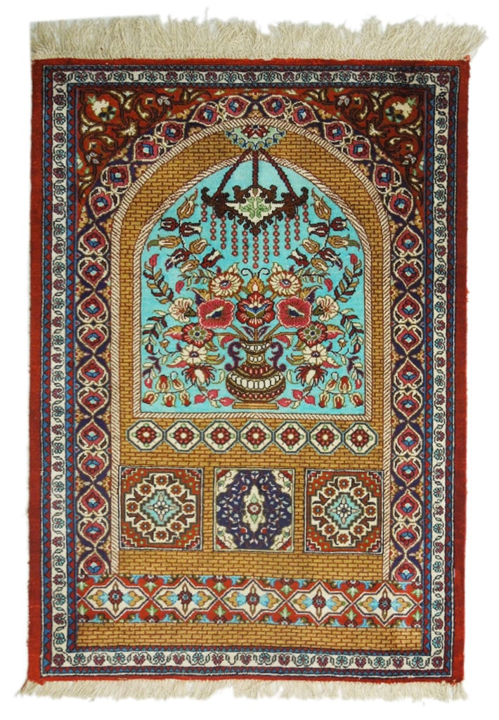 Turquoise High-End Persian Qum Silk Rug 1.10 x 2.7 Feet: Turquoise High-End Persian Qum Silk Rug 1.10 x 2.7 Feet Free continental US Shipping Experience the luxury of Persian artistry with this exquisite 1.10 x 2.7 High-End Persian Qum Silk Rug in a stunnin
