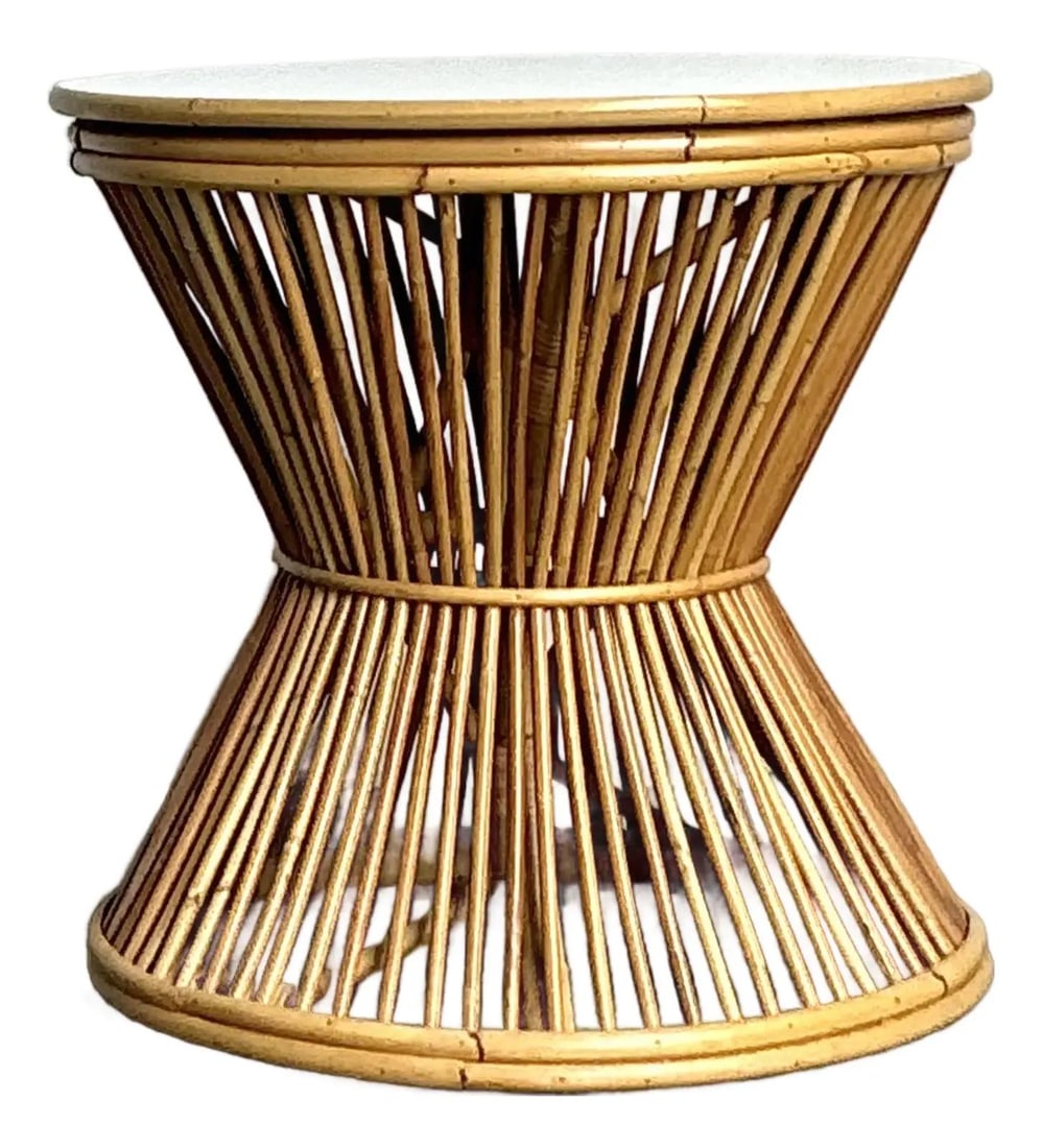 Mid-Century Rattan Hourglass Pedestal Side Table with White Top: Mid-Century Rattan Hourglass Pedestal Side Table with White Top This vintage Boho stick rattan side table captures the essence of Mid-Century Coastal style with its hourglass silhouette crafted from s