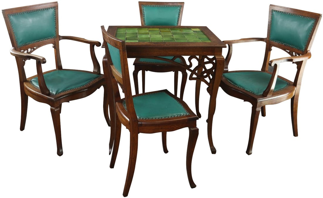 Antique French Art Nouveau Card Table Chairs Set Majolica Tiles Green Upholstery: Antique French Art Nouveau Card Table Chairs Set Majolica Tiles Green Upholstery This Antique French Card Table & Chairs Ensemble features a charming Art Nouveau style, showcasing the elegance of earl