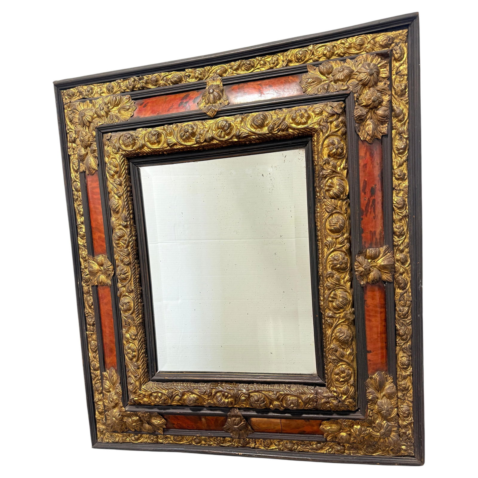 French Early 19th Century Beveled Mirror With Embossed Brass and Faux Tortoiseshell (1 of 12)