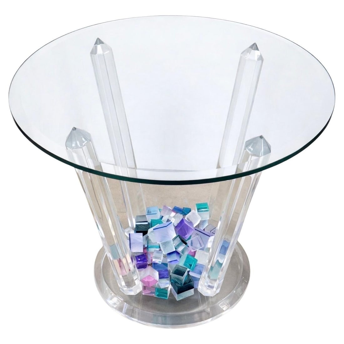 Postmodern Lucite Accent Table with Multicolored Stacked Cubes and Beveled Glass Top: Postmodern Lucite Accent Table with Multicolored Stacked Cubes and Beveled Glass Top This post-modern lucite table, attributed to Will Grant and crafted in the 1980s, features a striking architectural