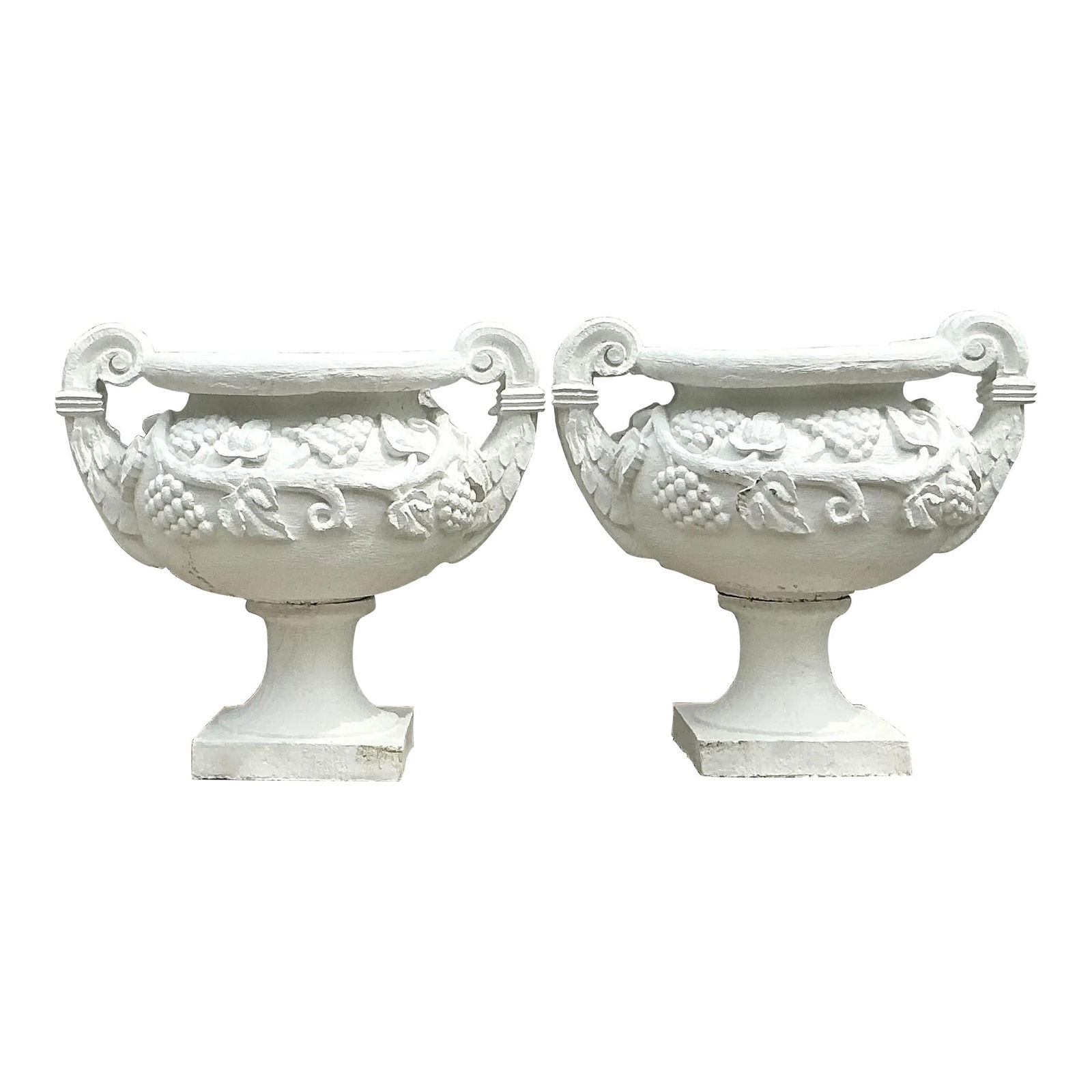 Pair of Vintage Regency White Concrete Urns 32 Inches Tall: Pair of Vintage Regency White Concrete Urns 32 Inches Tall Transform your space with this stunning pair of Vintage Regency-style monumental urns, beautifully crafted from concrete and finished in a br