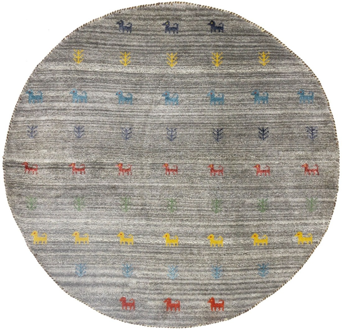 Round Wool Pictorial Modern Hand-Knotted Rug from India 4'11 x 5'2: Round Wool Pictorial Modern Hand-Knotted Rug from India 4'11 x 5'2 This hand-knotted Indo-Gabbeh round rug features a vibrant pictorial pattern with shades of gray, yellow, blue, red, green, and more.