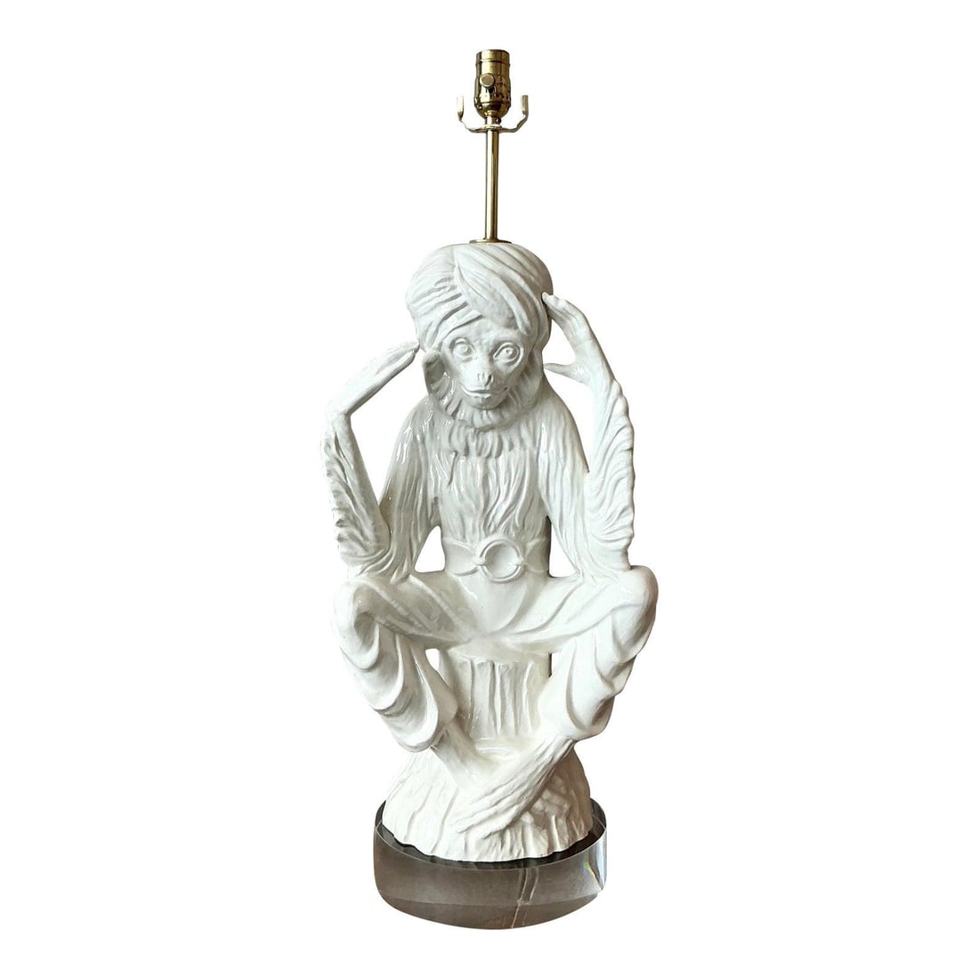 White Glazed Italian Ceramic Monkey Table Lamp with Lucite Base (1 of 6)
