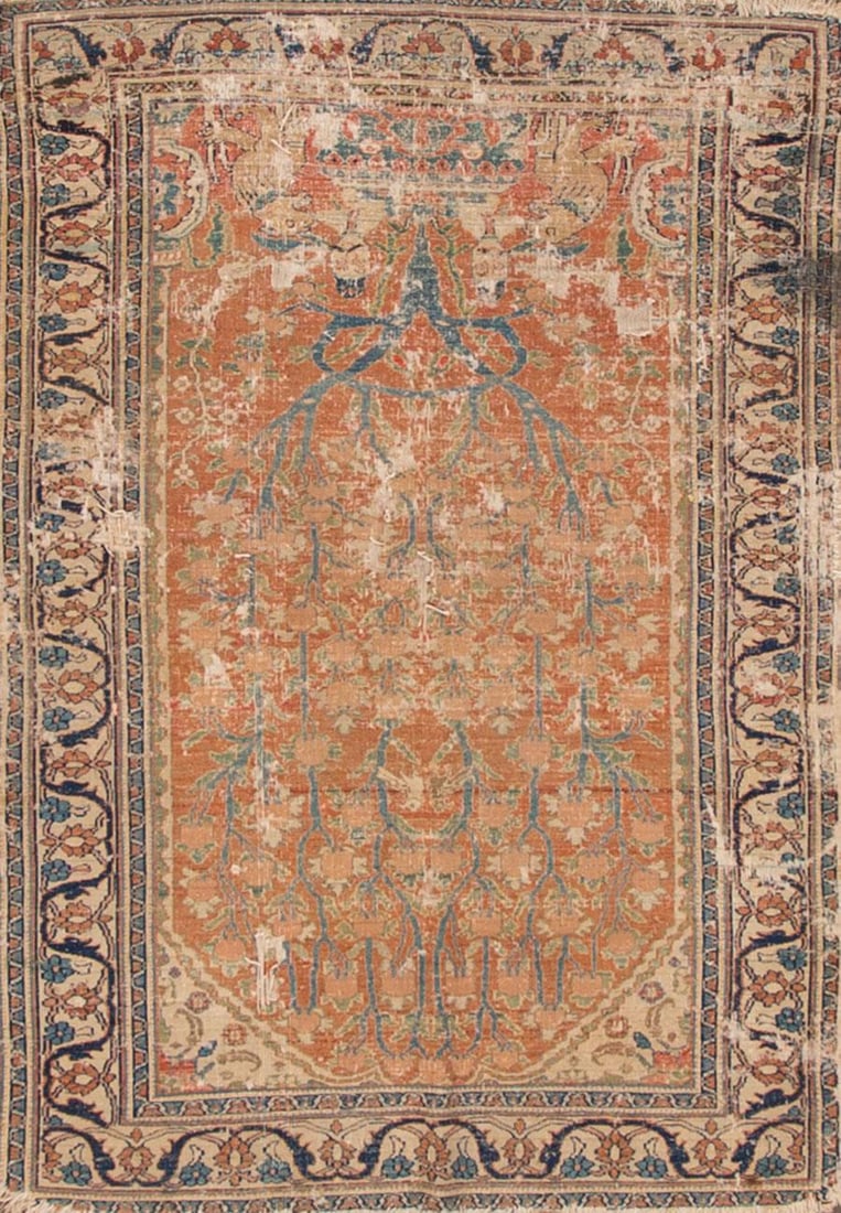 1890s Distressed Persian Tabriz Rug Rust Teal Wool 3'05 x 5'02: 1890s Distressed Persian Tabriz Rug Rust Teal Wool 3'05 x 5'02 This early 20th-century Persian Tabriz rug showcases a striking rust field adorned with a traditional all-over design featuring teal acce