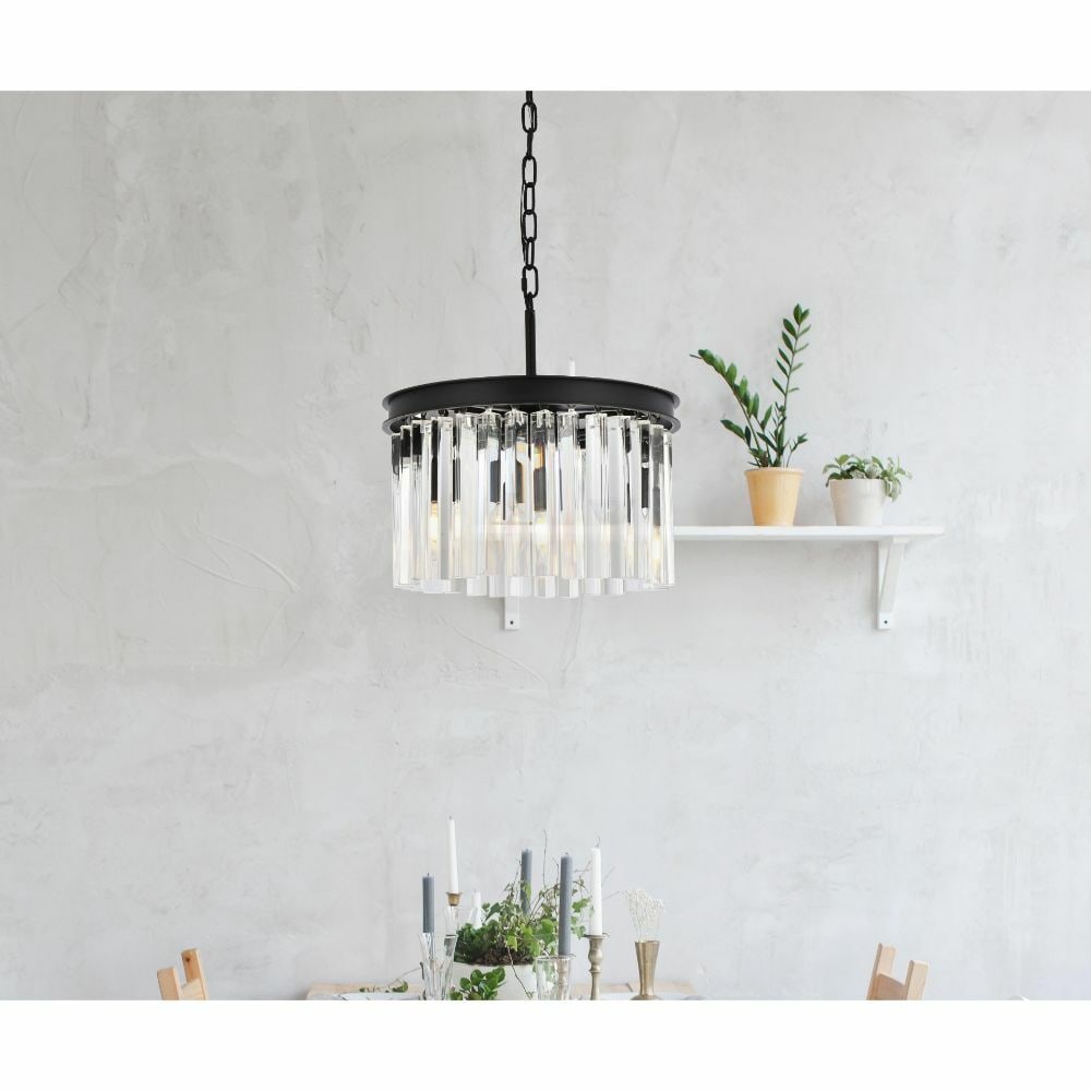 Sydney 3-Light Crystal Pendant Chandelier Matte Black 16 Inch Modern Ceiling Fixture: Sydney 3-Light Crystal Pendant Chandelier Matte Black 16 Inch Modern Ceiling Fixture This fixture is a modern crystal chandelier pendant with a matte black frame, designed for indoor use in spaces suc