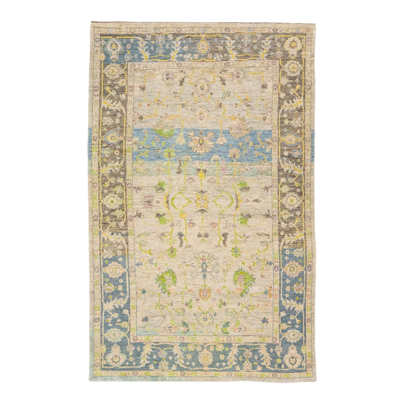 Handmade Modern Turkish Oushak Wool Rug Beige Floral Design 6'4 x 9'9: Handmade Modern Turkish Oushak Wool Rug Beige Floral Design 6'4 x 9'9 Enhance your space with this stunning modern Turkish Oushak handmade wool rug. Featuring a soft beige field adorned with a beautif