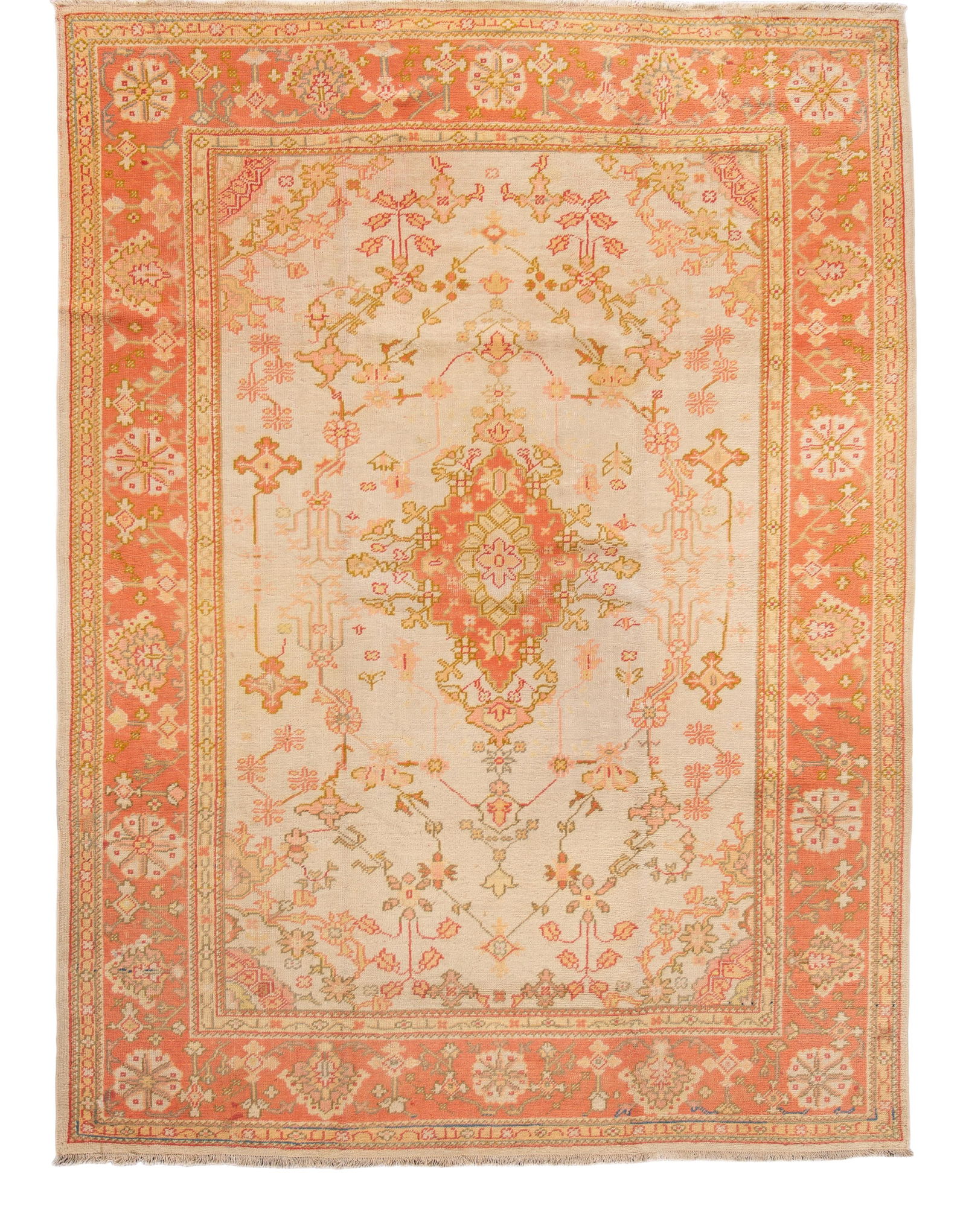 Antique Turkish Oushak Handmade Wool Rug Peach Floral Design 6'10 x 9'5: Antique Turkish Oushak Handmade Wool Rug Peach Floral Design 6'10 x 9'5 Discover the beauty of this Antique Turkish Oushak hand-knotted wool rug, featuring a stunning peach and beige field. The intric