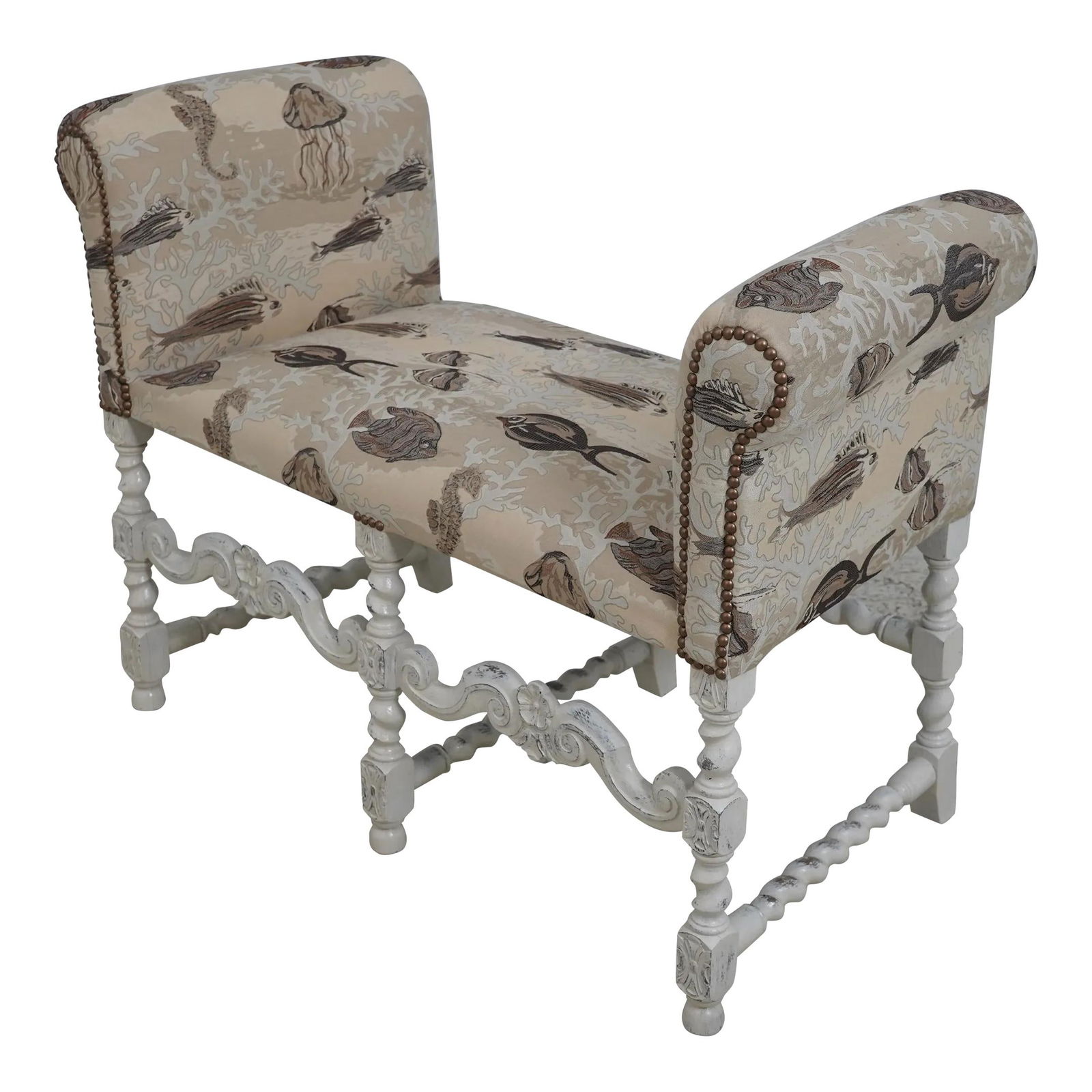 1930s Coastal Upholstered Bench with Carved Frame and Tack Trim: 1930s Coastal Upholstered Bench with Carved Frame and Tack Trim This exquisite Aquatic Upholstered Coastal Theme Bench dates back to the 1930s and features a beautifully carved frame that adds a touch