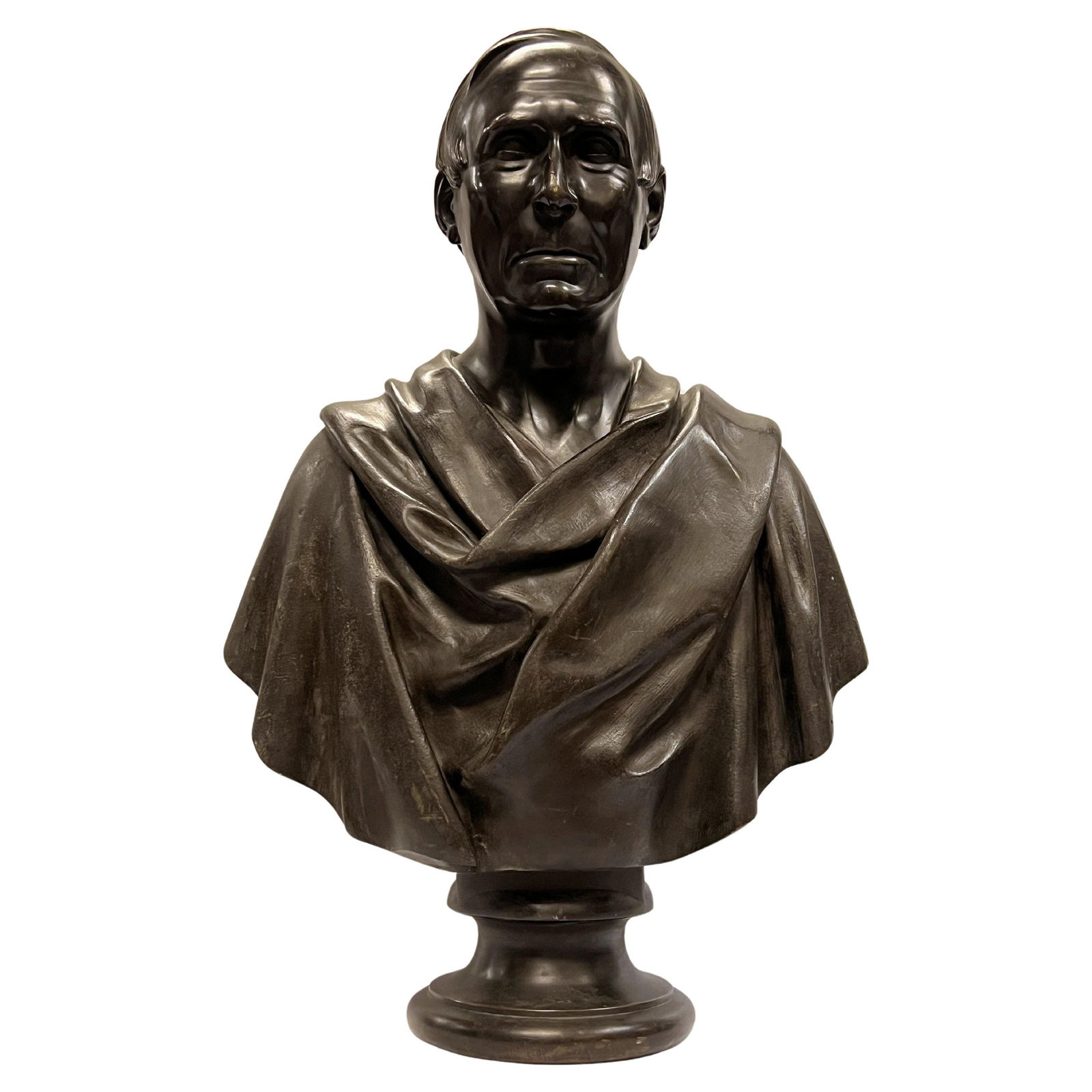 Patinated Bronze Nobleman Bust 19th Century Grand Tour Style French Sculpture: Patinated Bronze Nobleman Bust 19th Century Grand Tour Style French Sculpture This fine and highly detailed bust depicts a Roman or Greek nobleman, crafted in patinated bronze. Created in France durin