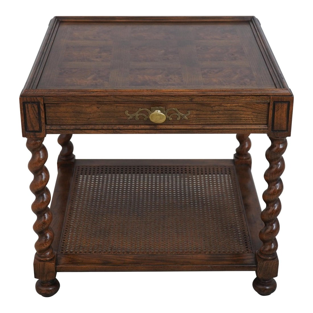 Vintage Baker Burl Wood Barley Twist Table with Cane Shelf (1 of 10)