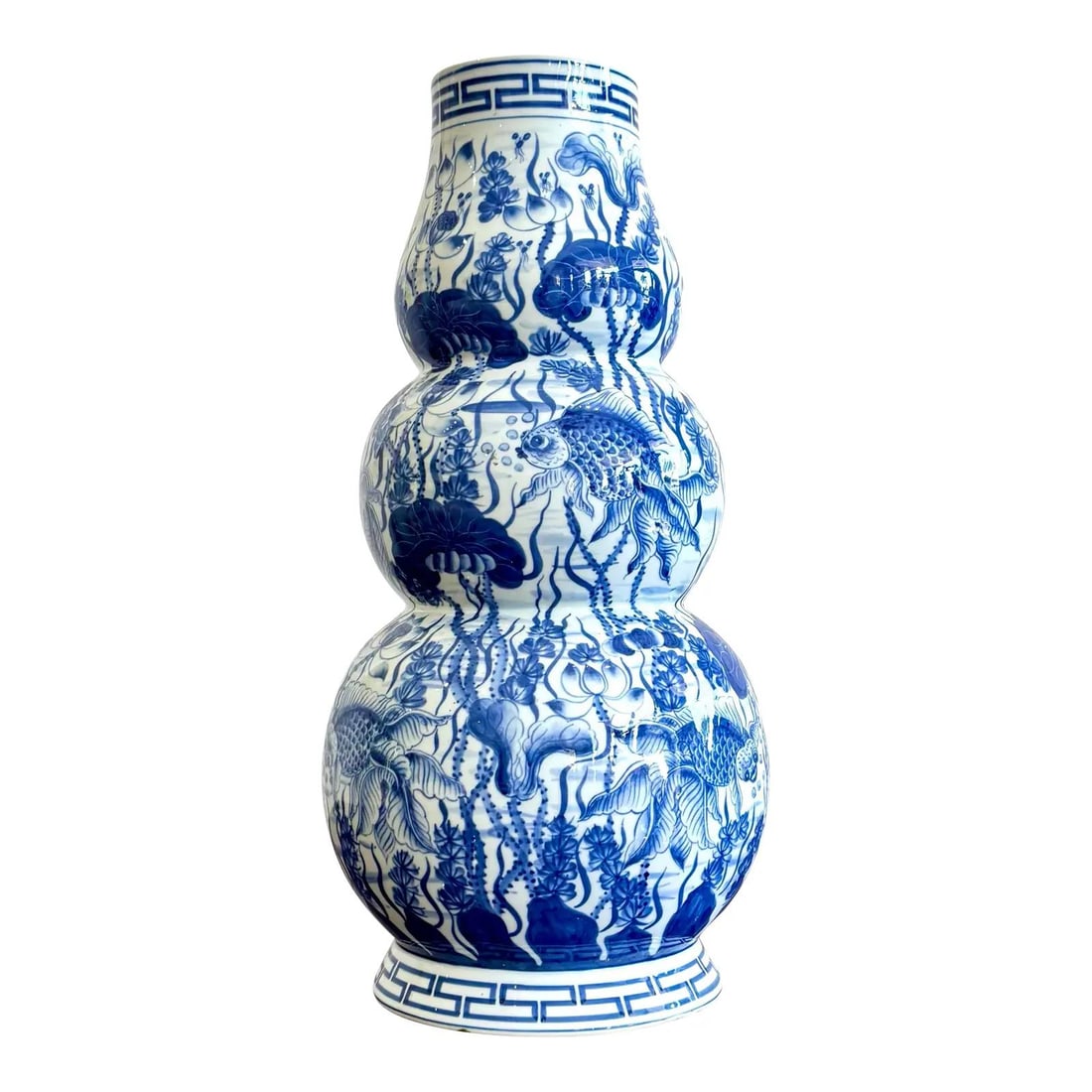 Vintage Maitland-Smith Blue-and-White Ceramic Triple-Gourd Vase (1 of 7)