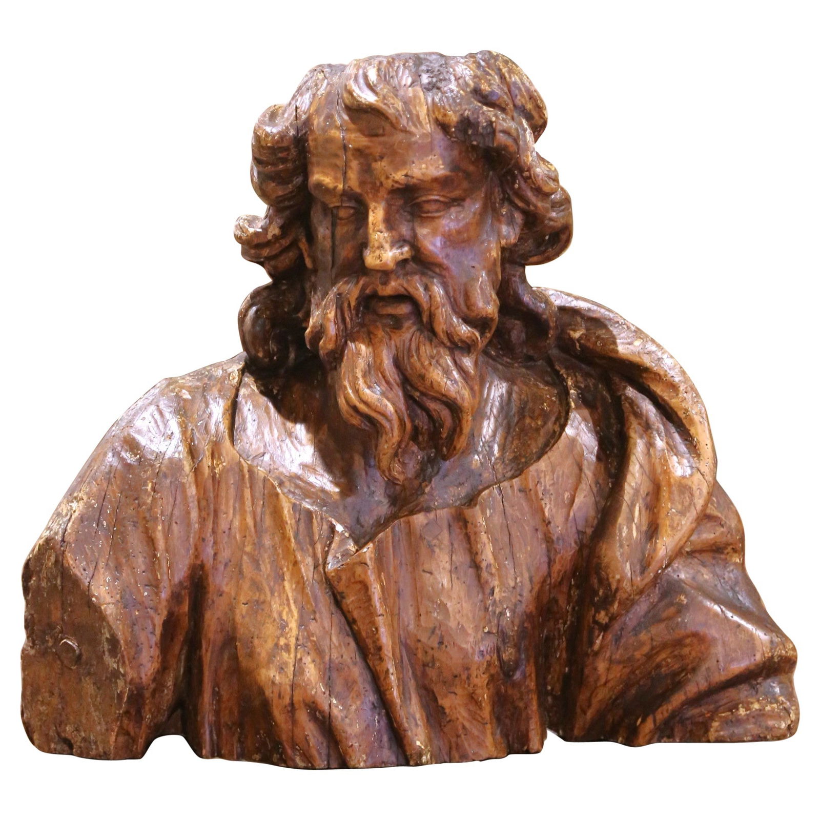Baroque French Walnut Sculpture Bust Depicting Saint Paul Circa 1650: Baroque French Walnut Sculpture Bust Depicting Saint Paul Circa 1650 This mid-17th century French Baroque bust, expertly carved from walnut, likely depicts Saint Paul the Apostle. The sculpture is cha
