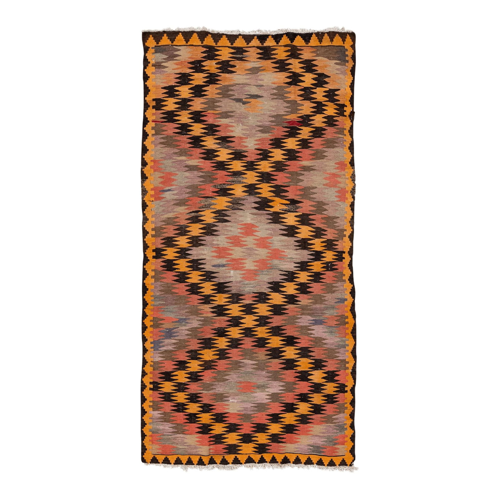 Vintage Kilim Handmade Wool Runner Orange Geometric Design 4'3'' x 8'6'': Vintage Kilim Handmade Wool Runner Orange Geometric Design 4'3'' x 8'6'' This stunning vintage kilim handmade wool runner showcases a vibrant orange field adorned with a captivating all-over geometric