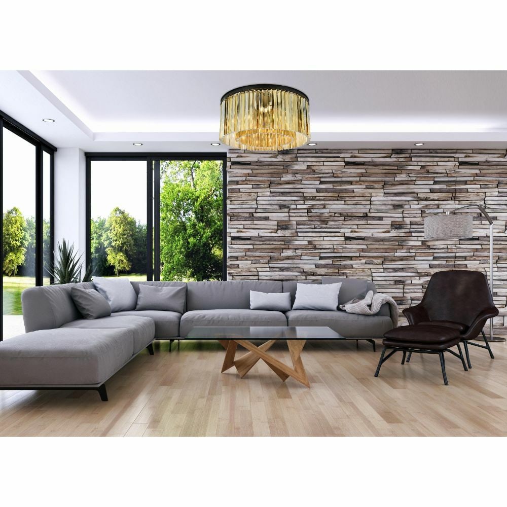 Sydney 8 Light Golden Teak Crystal Matte Black Flush Mount Chandelier 31.5 Inch: Sydney 8 Light Golden Teak Crystal Matte Black Flush Mount Chandelier 31.5 Inch This contemporary flush mount chandelier features a matte black frame adorned with high-quality golden teak royal cut cr