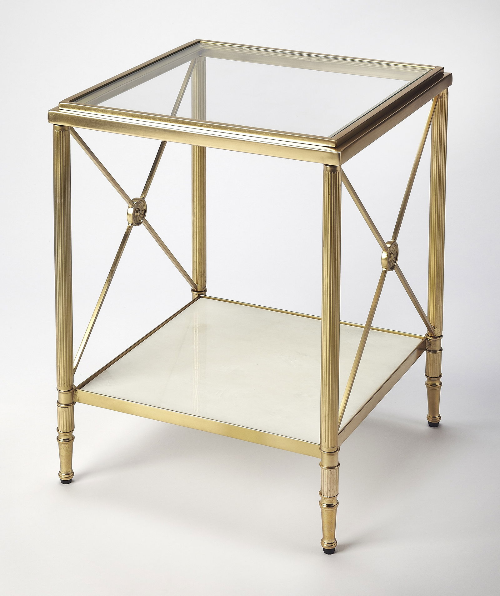 Butler Taren Modern Gold End Table with Marble and Glass: Butler Taren Modern Gold End Table with Marble and Glass Elevate your living space with this luxurious gold end table, expertly crafted with a combination of aluminum, brass, iron, marble, and tempere