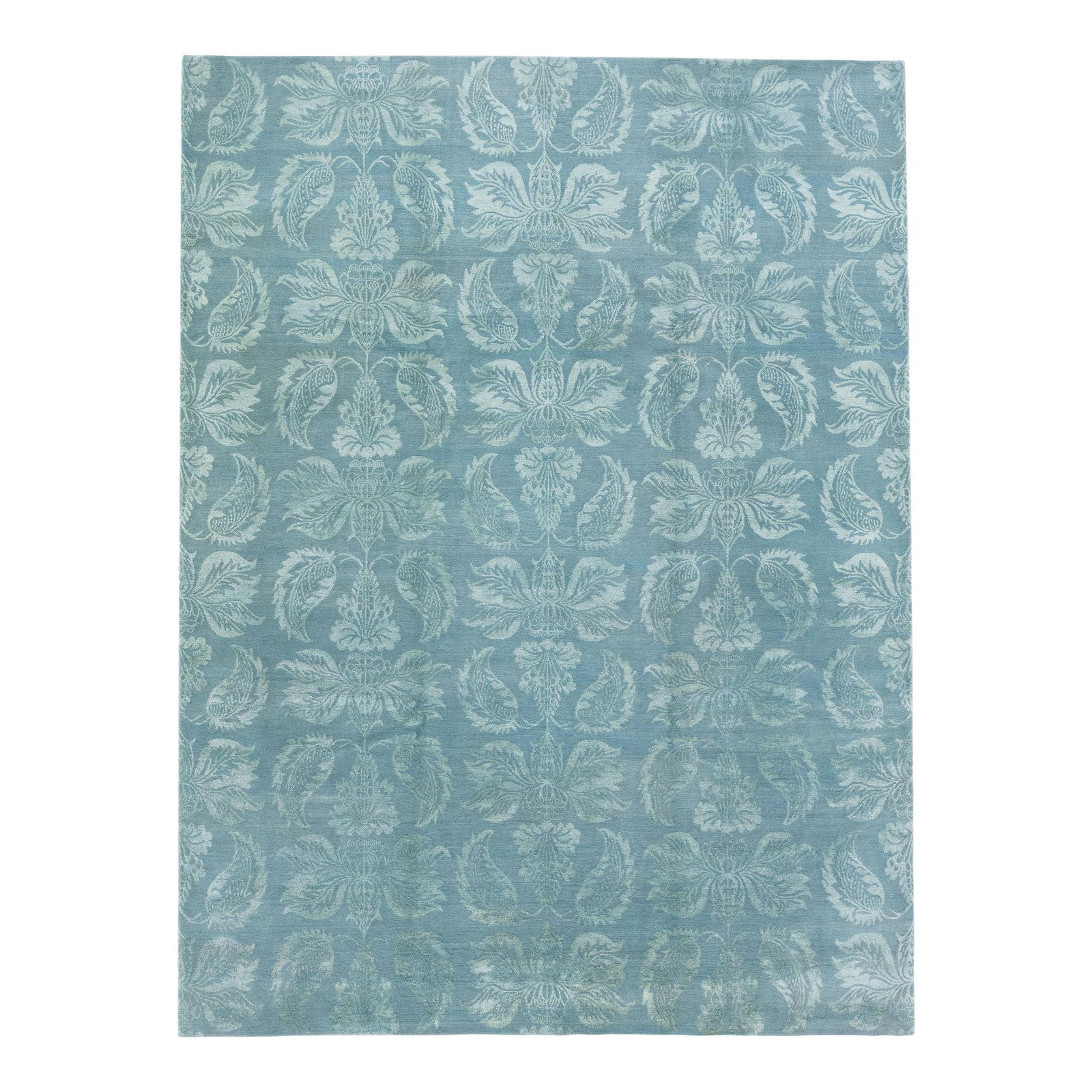 Contemporary Floral Blue Nepalese Wool Silk Rug 9' x 12': Contemporary Floral Blue Nepalese Wool Silk Rug 9' x 12' Enhance your living space with this exquisite contemporary Nepalese rug featuring a captivating light blue floral motif that gracefully covers