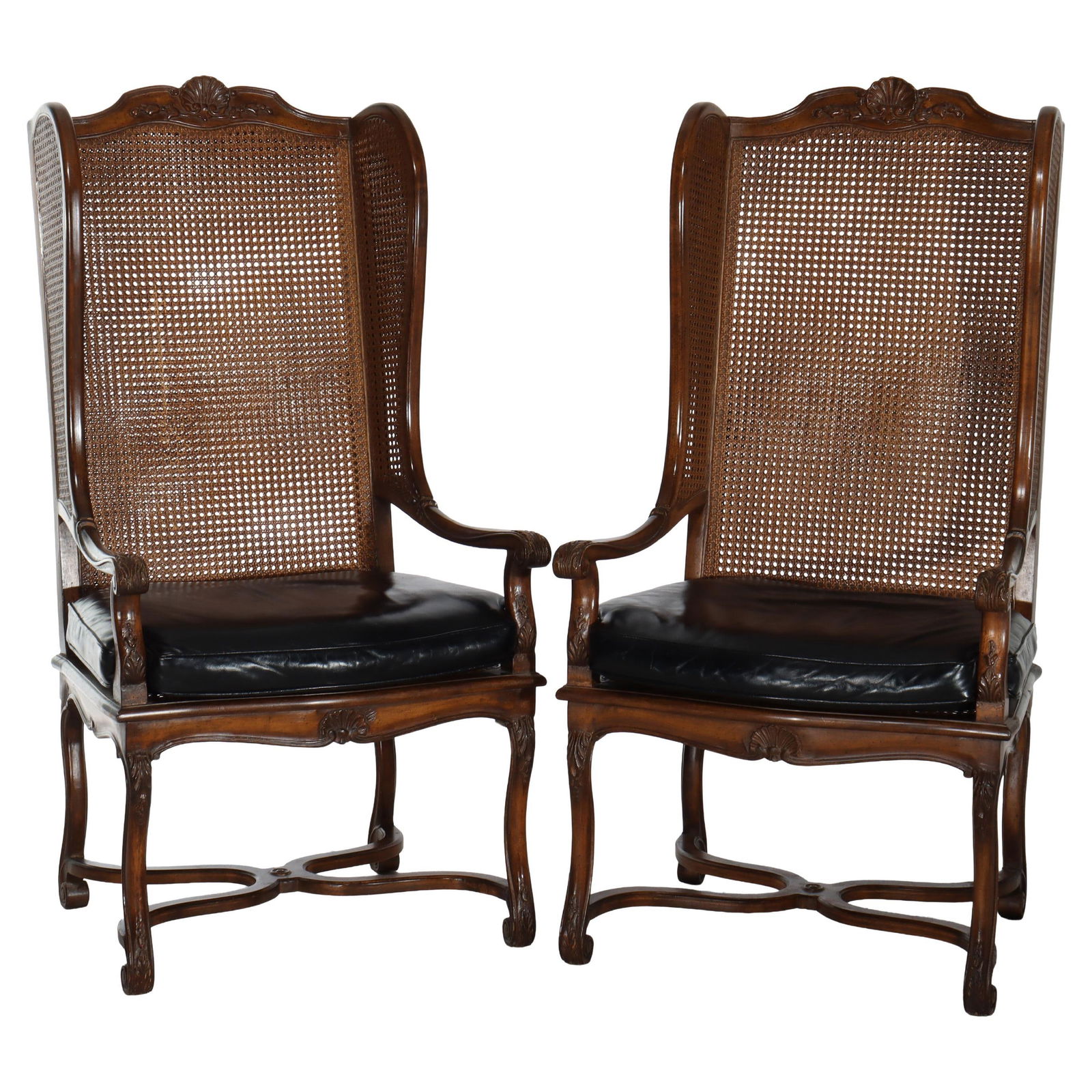 Set of 2 French Mahogany Cane Wingback Chairs with Carved Details circa 1930 (1 of 12)