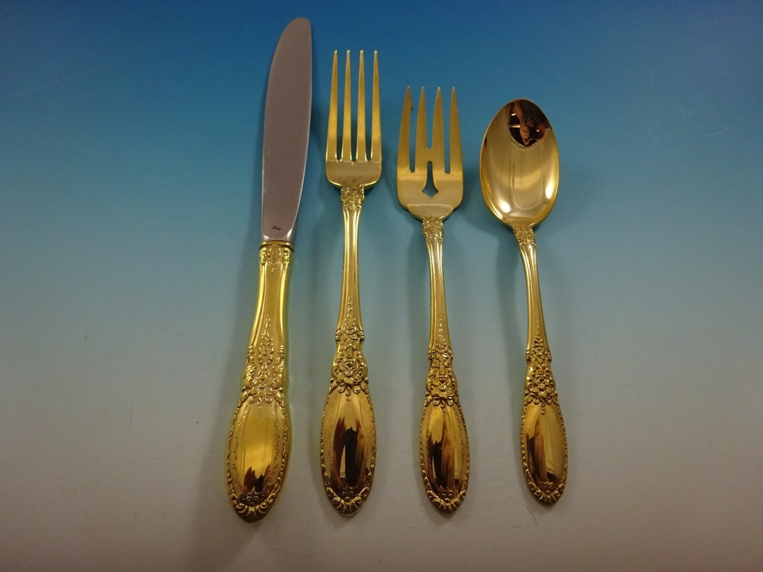 Towle Old Mirror Gold Sterling Silver Flatware Set for 6 with Caddy: Towle Old Mirror Gold Sterling Silver Flatware Set for 6 with Caddy Enhance your dining experience with this stunning Old Mirror Gold flatware set by Towle. Crafted from sterling silver and completely