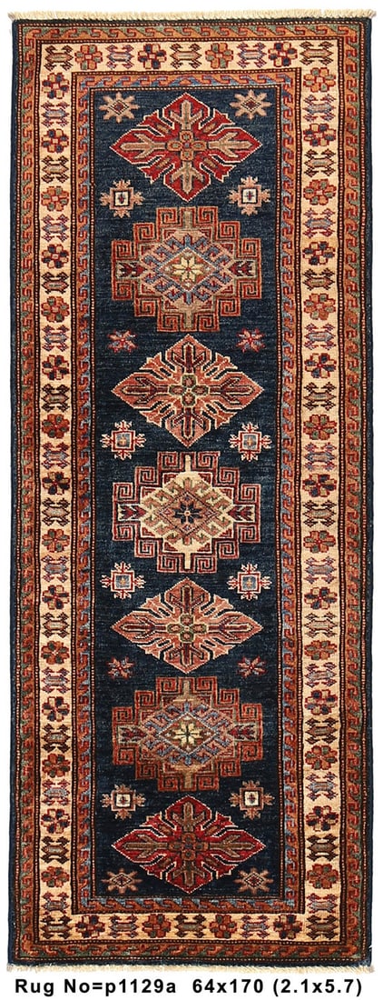 Midnight Splendor Blue 2.1 x 5.7 Super Kazak Handmade Area Rug: Midnight Splendor Blue 2.1 x 5.7 Super Kazak Handmade Area Rug Free continental US Shipping Elevate your home decor with the Midnight Splendor Blue Super Kazak Handmade Rug. This exquisite 2.1' x 5.7'