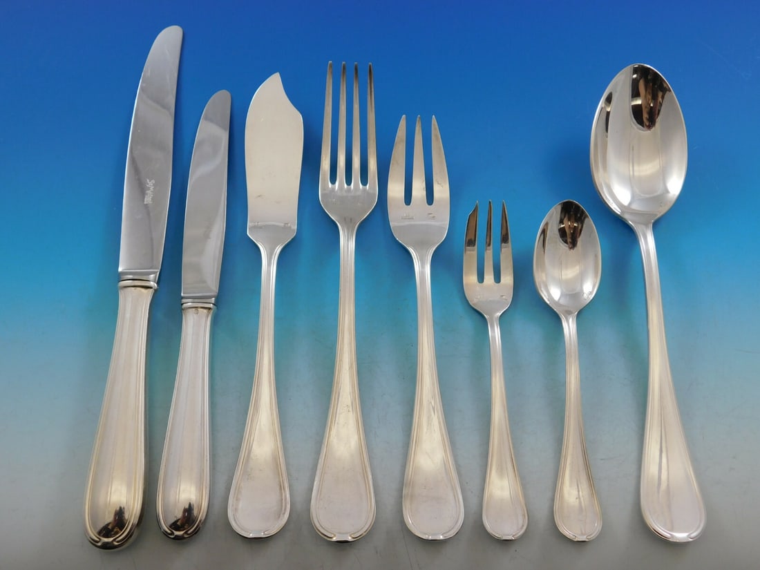 Louis XVI Silverplate Flatware Set by Saint Medard 98pc Vintage Dining Set: Louis XVI Silverplate Flatware Set by Saint Medard 98pc Vintage Dining Set This exquisite Louis XVI flatware set by Saint Medard Argenterie features a stunning collection of 98 pieces, elegantly craft