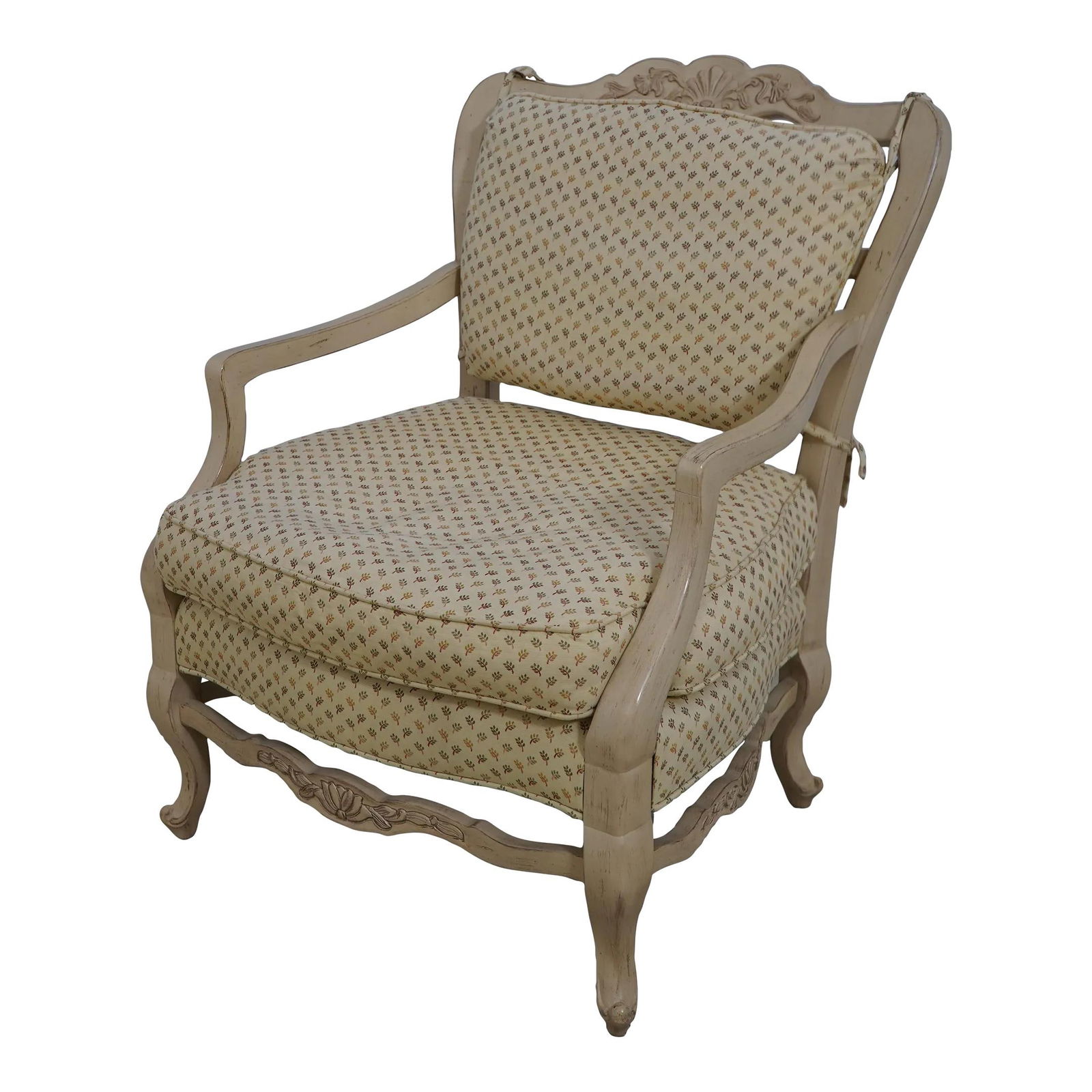 Country French Distressed Upholstered Chair Off White 25 Years Old: Country French Distressed Upholstered Chair Off White 25 Years Old This exquisite Country French Upholstered Distressed Painted Chair showcases high-quality construction and a charming antique aesthet