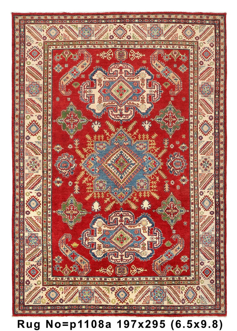 6.6 x 9.8 Handmade Wool Kazak Rug Traditional Design (1 of 9)