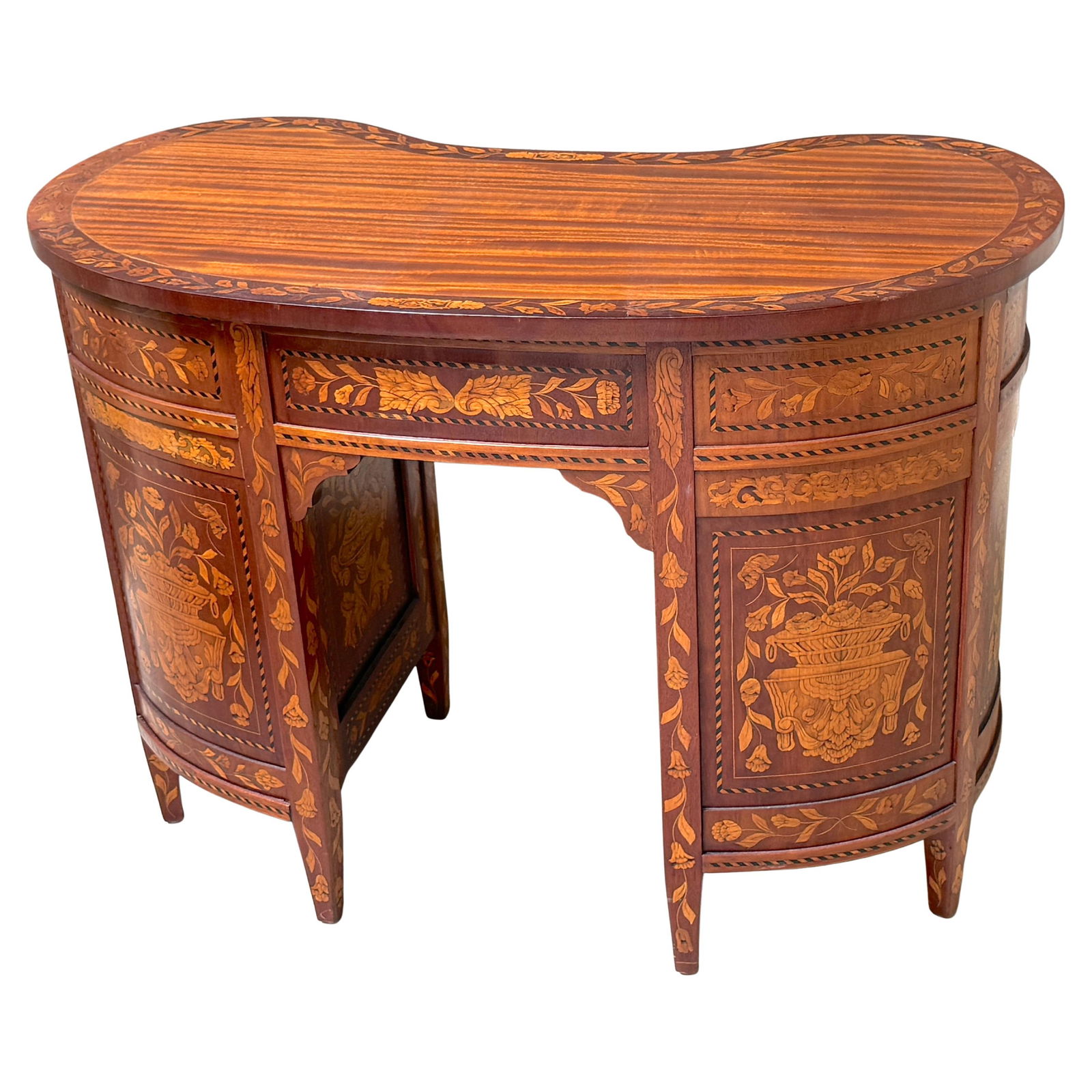 19th Century Dutch Marquetry Kidney Desk with Floral Inlay and Original Key (1 of 17)