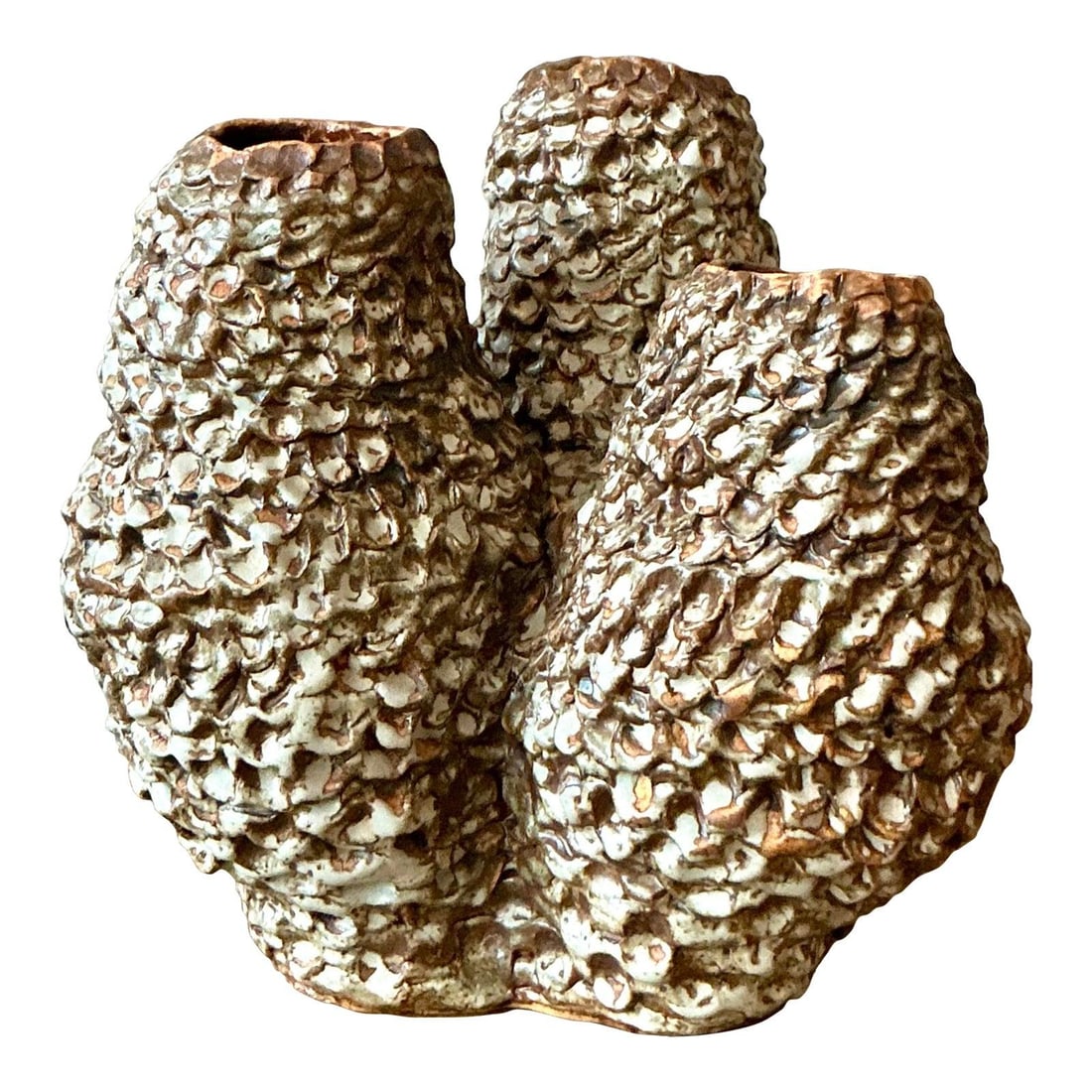 1970s Stoneware Brutalist Cluster Vase With Barnacle Texture: 1970s Stoneware Brutalist Cluster Vase With Barnacle Texture This vintage studio pottery vase is a striking example of Brutalist design from the 1970s, featuring three interconnected necks and a highl