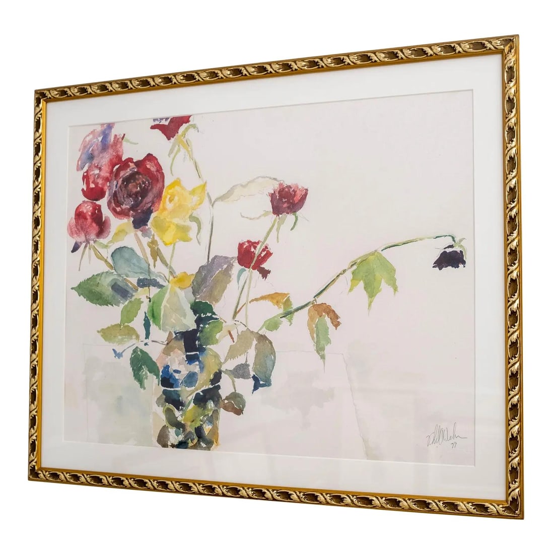 Vintage 1979 Abstract Yellow Roses Watercolor in Gold Frame: Vintage 1979 Abstract Yellow Roses Watercolor in Gold Frame This stunning watercolor painting features a vibrant arrangement of long-stemmed yellow and red roses in a vase, showcasing bold colors and