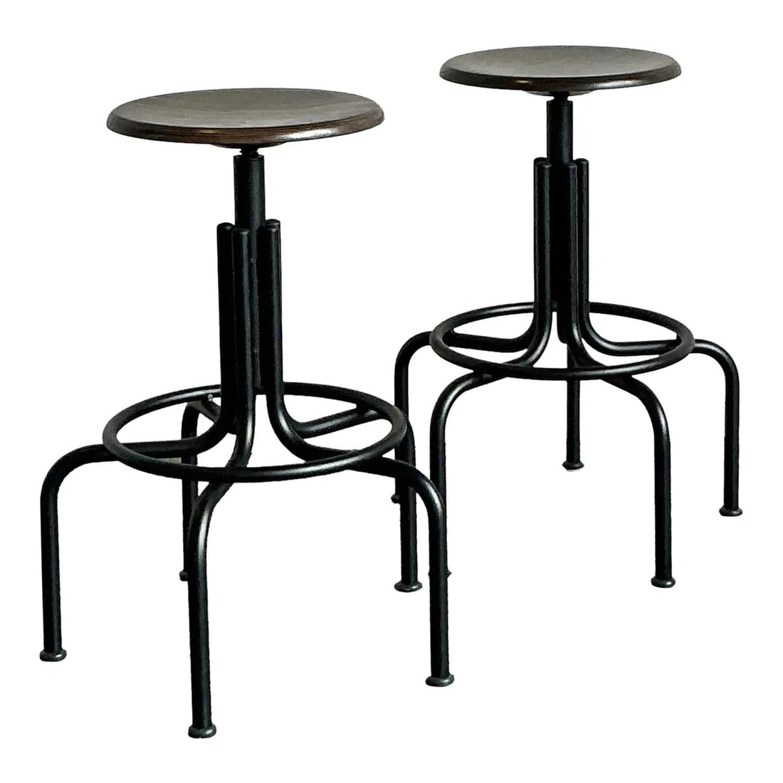 Pair of Vintage Swivel Stools With Wood Seats and Black Metal Base (1 of 10)