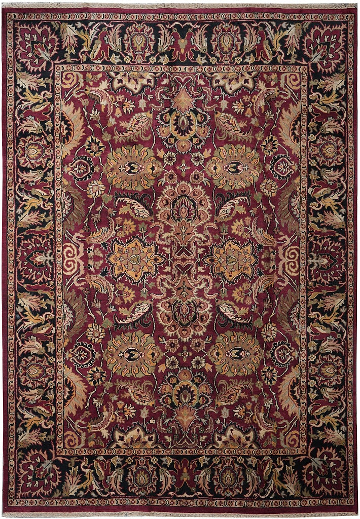 Handmade Jaipur Wool Area Rug 110 x 144 in Burgundy Black Traditional Design (1 of 17)