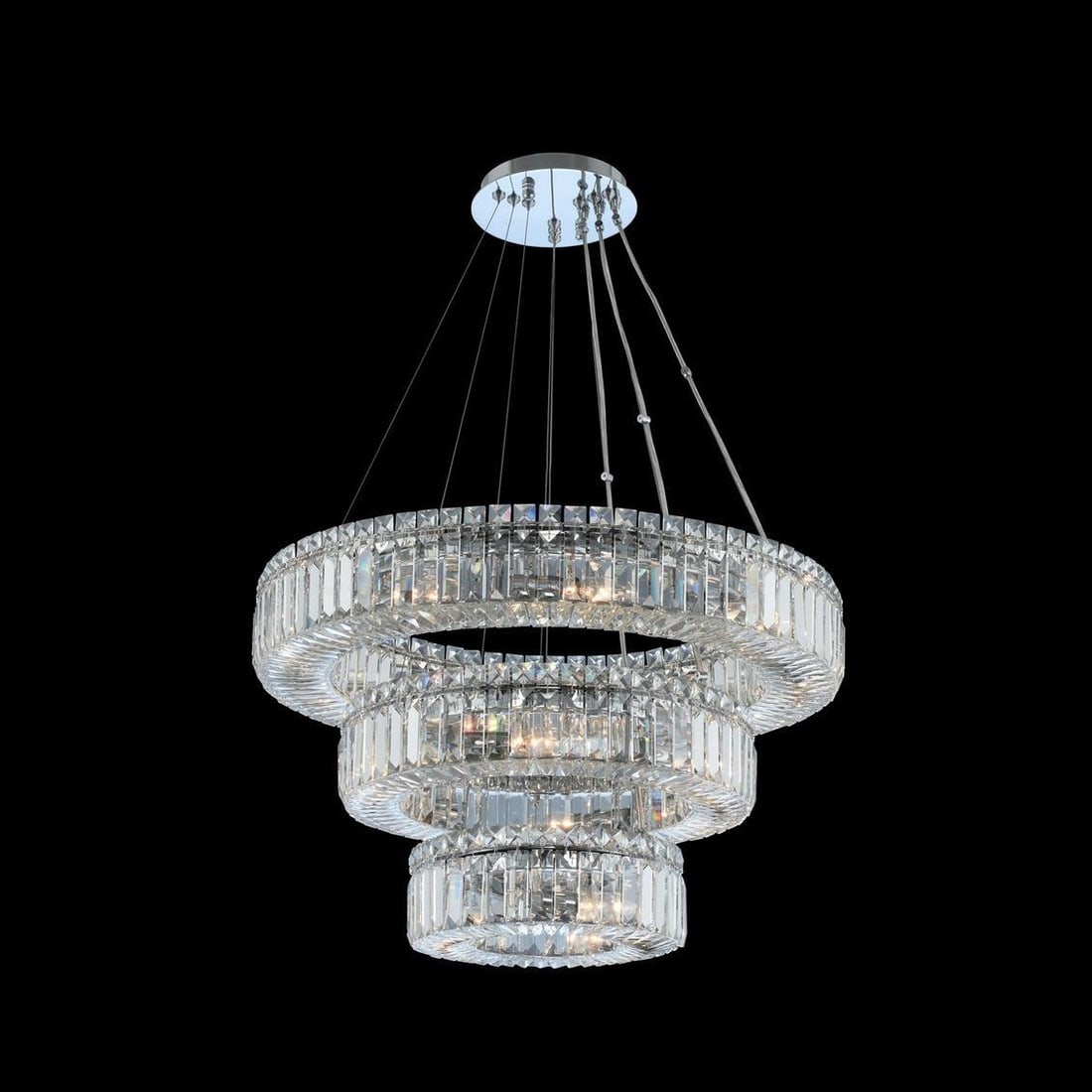 Kalco Rondelle 3-Tier Chrome Crystal Pendant Light Dimmable 18 Bulbs: Kalco Rondelle 3-Tier Chrome Crystal Pendant Light Dimmable 18 Bulbs Illuminate your space with this stunning Polished Chrome Rondelle Crystal Pendant Light, designed in a contemporary style. This exq