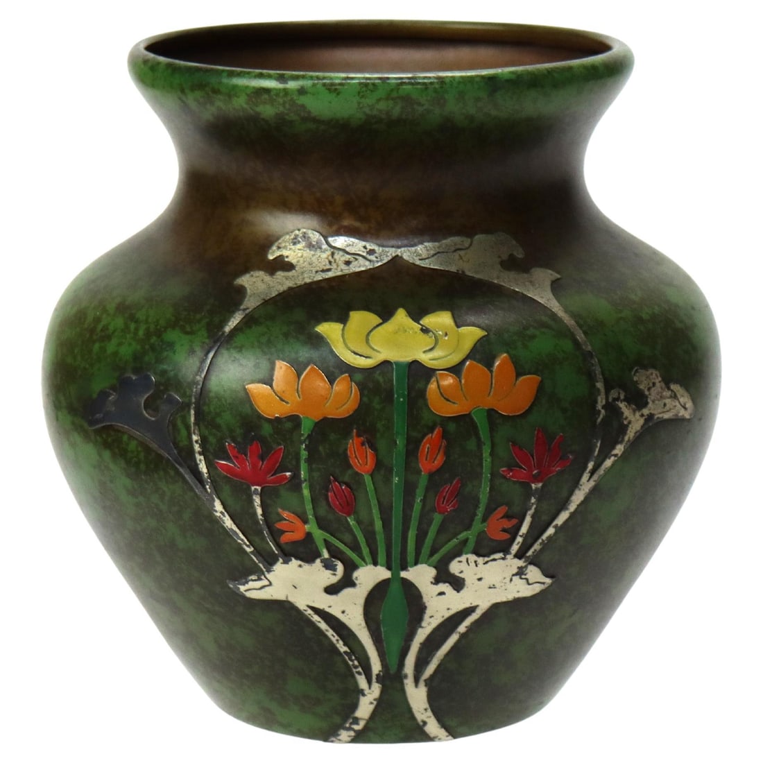 Art Nouveau Bronze Vase by Heintz with Sterling Silver Floral Overlay circa 1912: Art Nouveau Bronze Vase by Heintz with Sterling Silver Floral Overlay circa 1912 This antique Heintz Art Nouveau vase, dating to circa 1912, features a bronze body adorned with a sterling silver flora