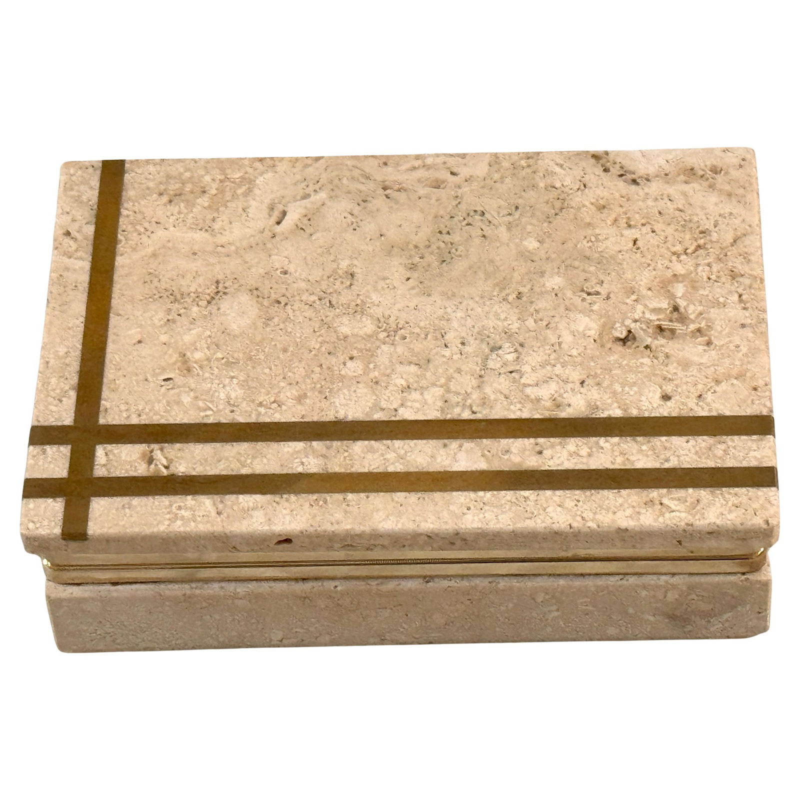 1970s Mid-Century Modern Italian Travertine Box with Brass Inlay: 1970s Mid-Century Modern Italian Travertine Box with Brass Inlay This Italian modern architectural box from the 1970s features a sleek travertine body with elegant brass inlay on the lid. Showcasing m