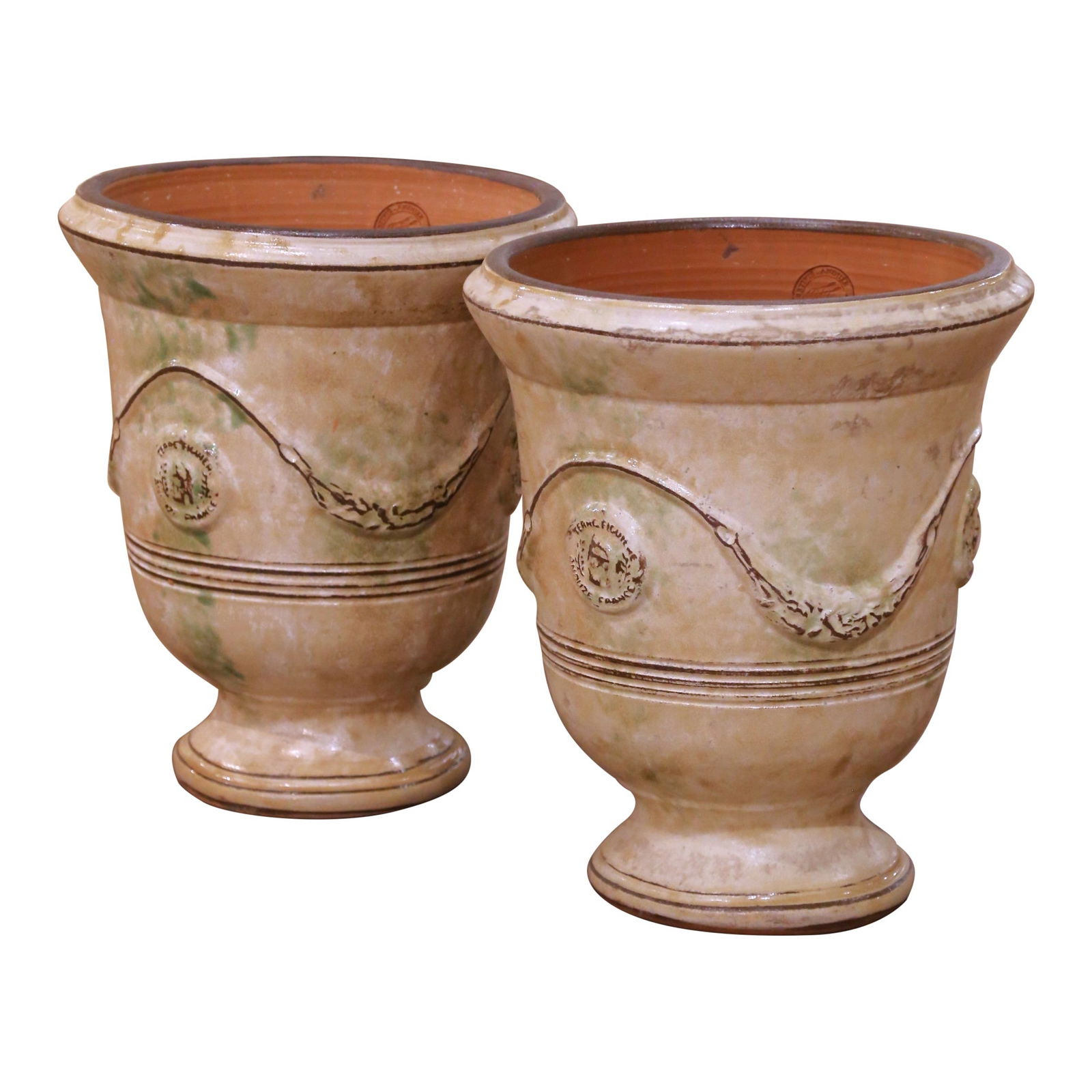 Set of 2 French Anduze Glazed Terracotta Vases with Antiqued Finish: Set of 2 French Anduze Glazed Terracotta Vases with Antiqued Finish This pair of French Anduze garden vases is crafted from hand-glazed terracotta, following traditional Neoclassical forms originating