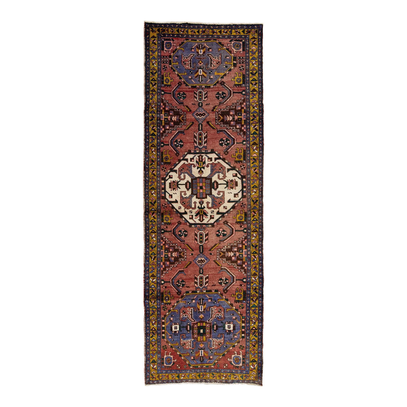 Vintage Persian Heriz Red Wool Runner 3'5 x 10'3 Hand-Knotted Medallion: Vintage Persian Heriz Red Wool Runner 3'5 x 10'3 Hand-Knotted Medallion Enhance your space with this stunning vintage Persian Heriz hand-knotted wool runner, featuring a vibrant red color field. The i