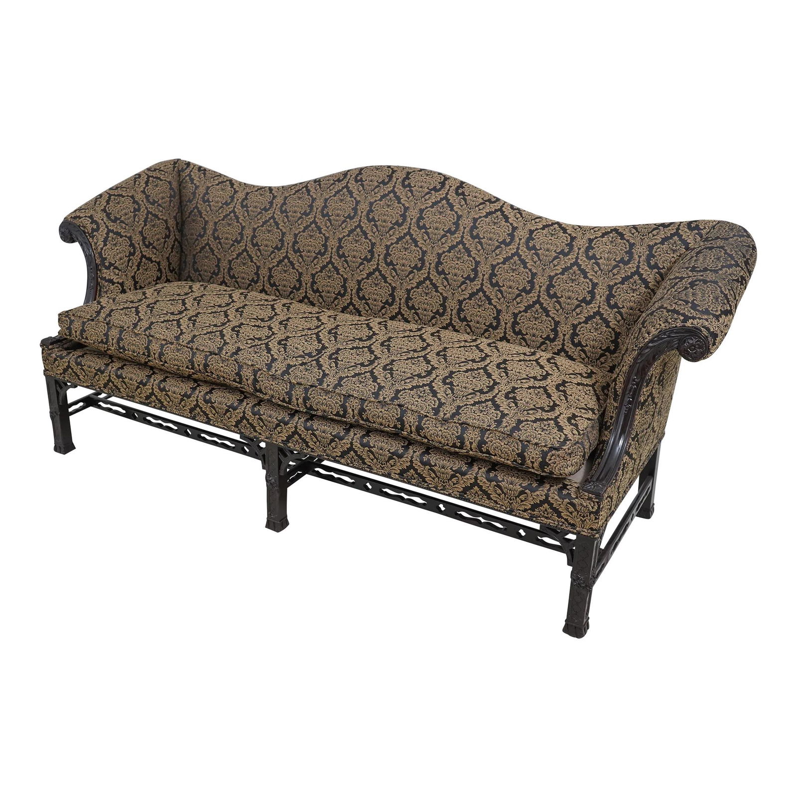 Antique Chippendale Camelback Sofa Professionally Restored Black Gold Upholstery (1 of 10)