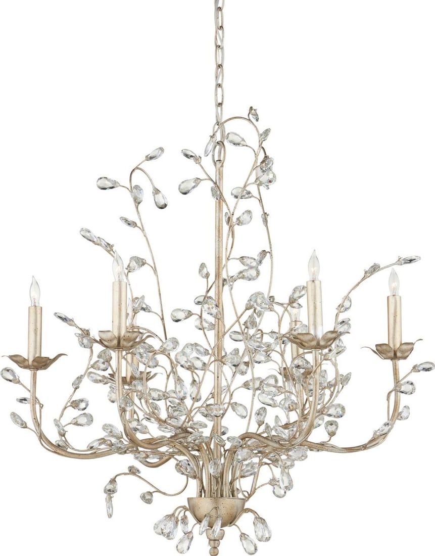 Currey Silver Granello Chandelier with Crystal Buds Regency Style: Currey Silver Granello Chandelier with Crystal Buds Regency Style Illuminate your space with the Silver Granello Chandelier, a stunning blend of crystal and wrought iron that embodies Regency style. T