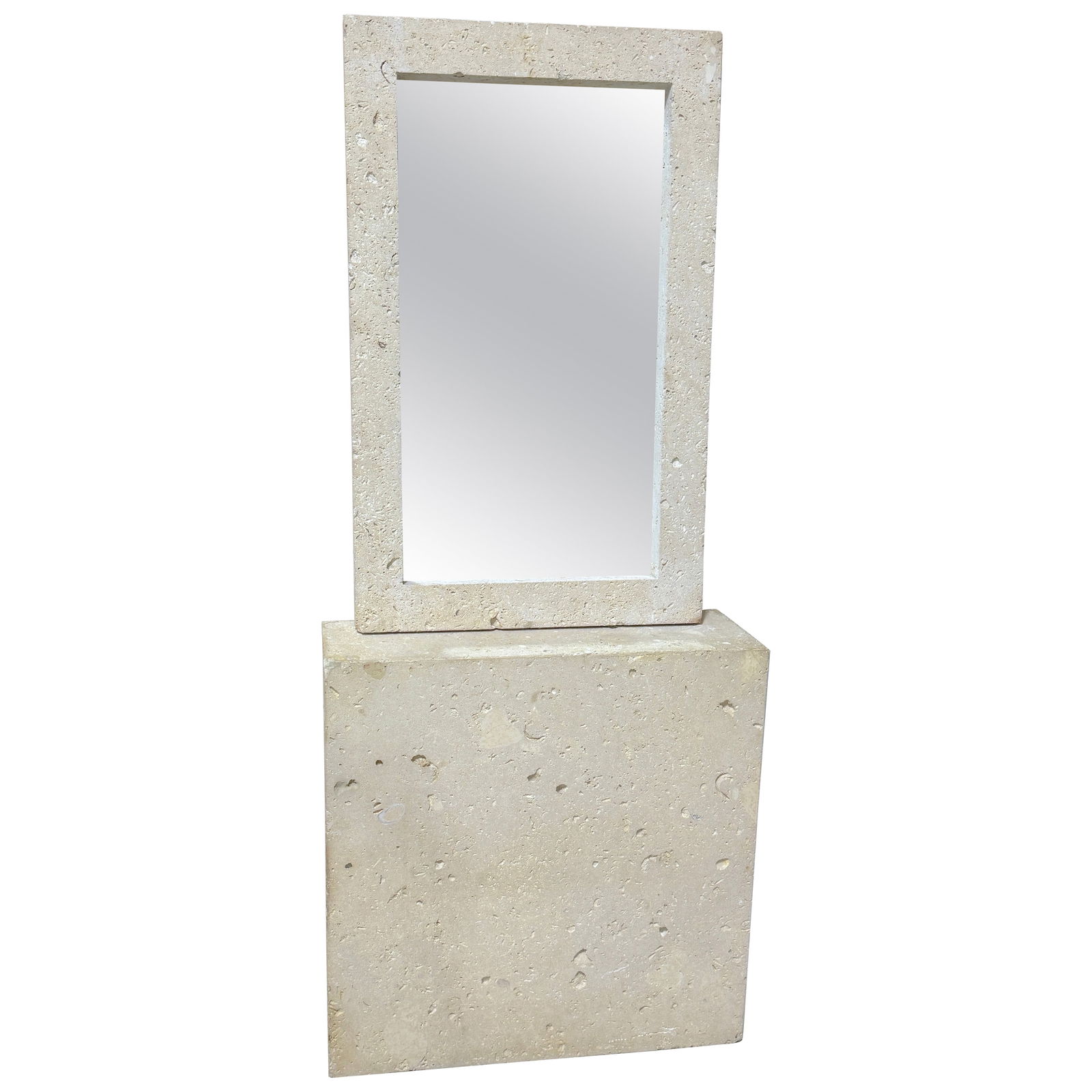 Set of 2 Mid-Century Modern Coquina Stone Mirror and Console Table: Set of 2 Mid-Century Modern Coquina Stone Mirror and Console Table This mid-century minimalist set includes a natural coral coquina stone mirror and a matching console, crafted in the United States ci