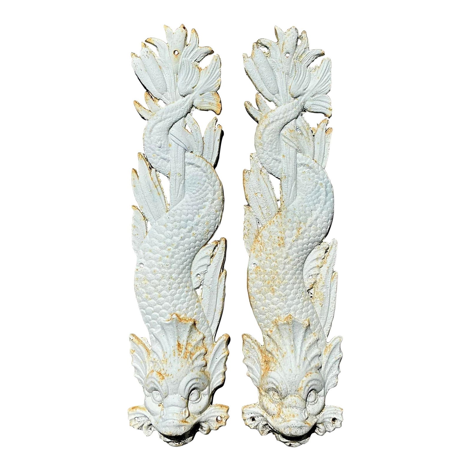 Vintage Pair of White Cast Iron Dolphin Wall Plaques: Vintage Pair of White Cast Iron Dolphin Wall Plaques Enhance your living space with this charming pair of vintage cast iron dolphin wall plaques. Showcasing intricate details, these plaques are design