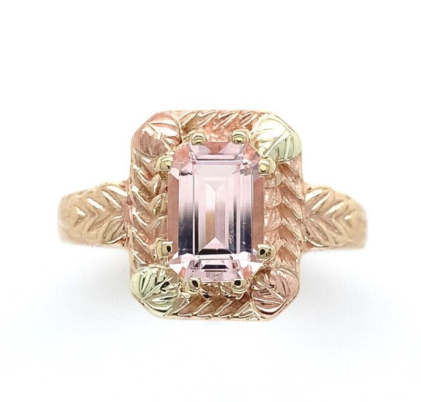 Authentic 10k Tri-Color Gold Ring Emerald Cut 1.06 Carat Pink Morganite: Authentic 10k Tri-Color Gold Ring Emerald Cut 1.06 Carat Pink Morganite This exquisite 10k tri-color gold ring showcases a stunning 1.06 carat genuine natural morganite in an elegant emerald cut. The