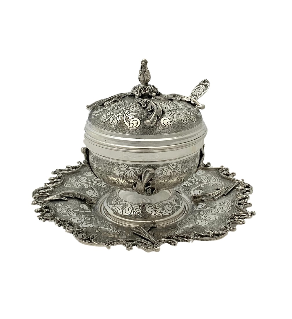 Handmade 925 Sterling Silver Leaf Applique Honey Dish Tray Spoon Set (1 of 5)