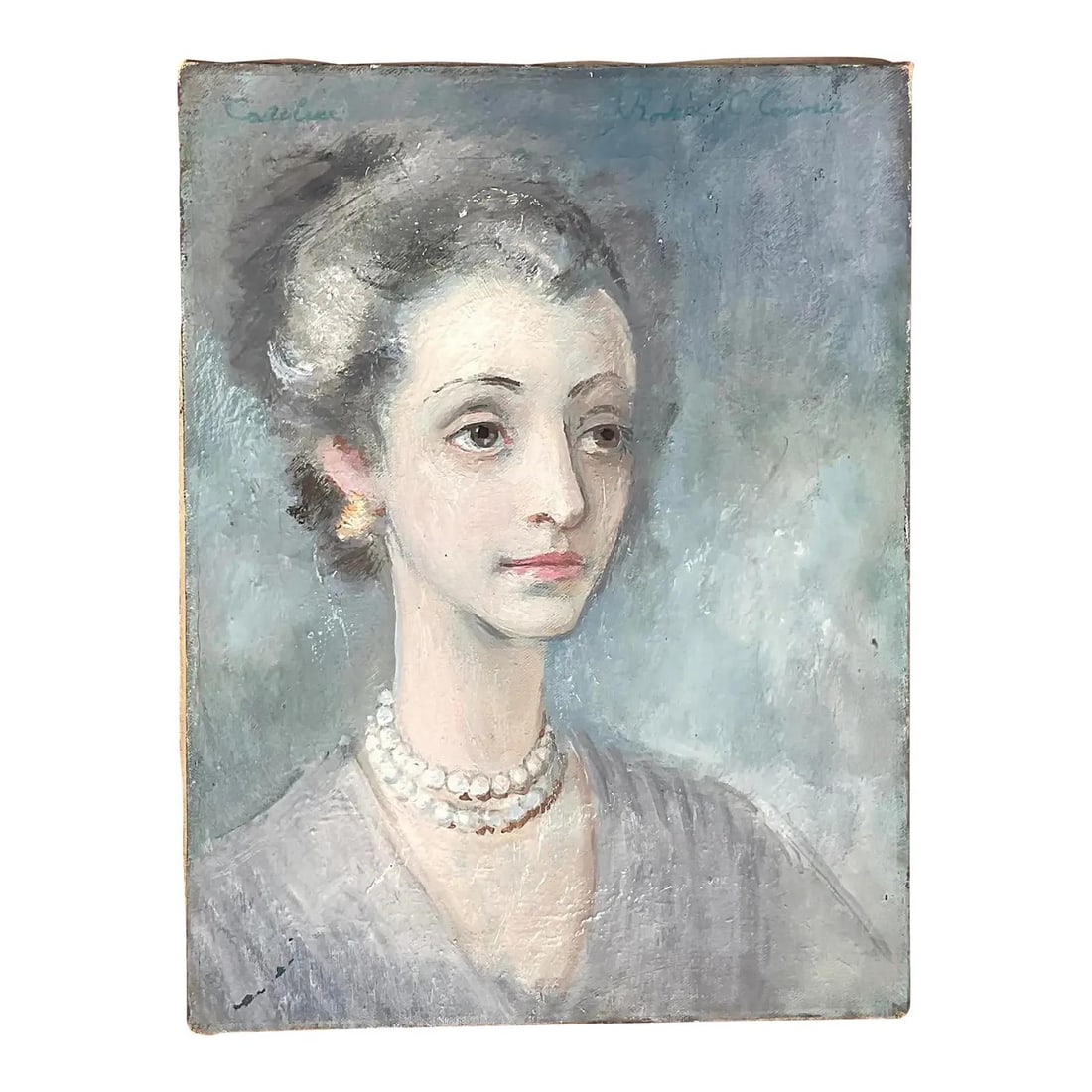 Original Signed Z Boho Oil Painting Portrait of Woman on Canvas: Original Signed Z Boho Oil Painting Portrait of Woman on Canvas This vintage Boho oil portrait features a woman adorned with delicate pearls, skillfully rendered in a soft, muted color palette. Signed