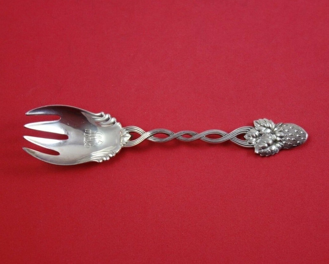 Tiffany & Co Strawberry Vine Sterling Silver Ice Cream Fork 5 3/8" Monogrammed: Tiffany & Co Strawberry Vine Sterling Silver Ice Cream Fork 5 3/8" Monogrammed Indulge in a piece of history with this exquisite Strawberry Vine Ice Cream Fork by Tiffany & Co. Crafted from sterling s