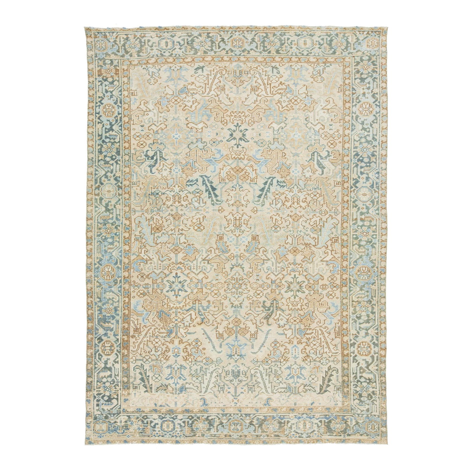 Antique Persian Heriz Wool Rug 7'2 x 9'11 Beige Blue Pattern (1 of 10)