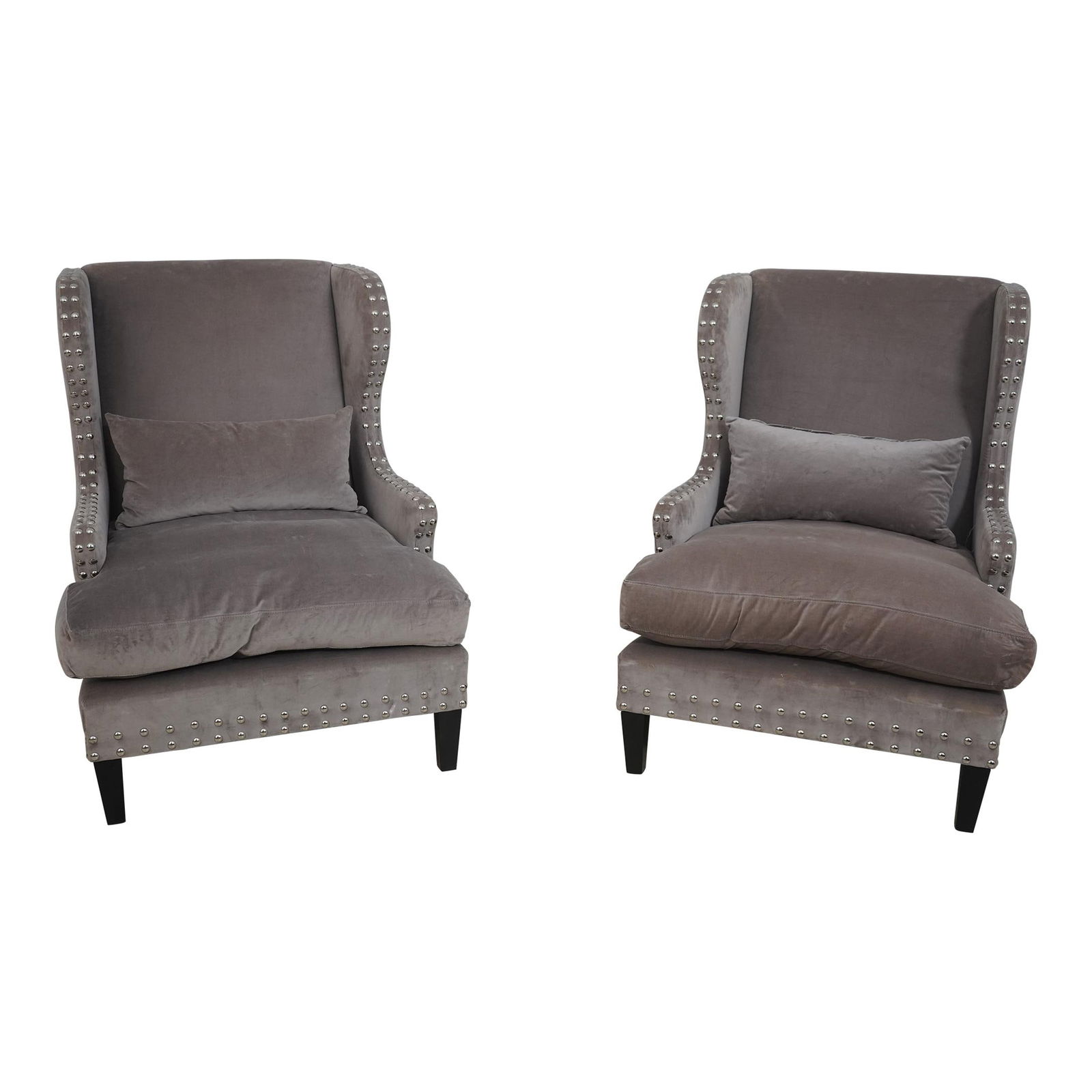 Elegant Pair of Modern Upholstered Wing Chairs with Silver Trim (1 of 10)