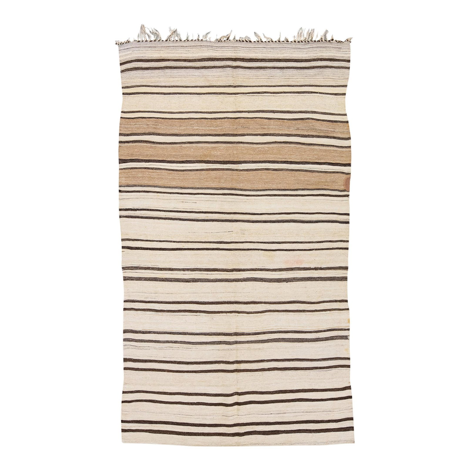 1960s Vintage Turkish Kilim Wool Rug Beige Geometric Stripes 4'9 x 8'8: 1960s Vintage Turkish Kilim Wool Rug Beige Geometric Stripes 4'9 x 8'8 This exquisite vintage Turkish Kilim flatweave wool rug showcases a stunning beige field adorned with brown and tan accents, feat